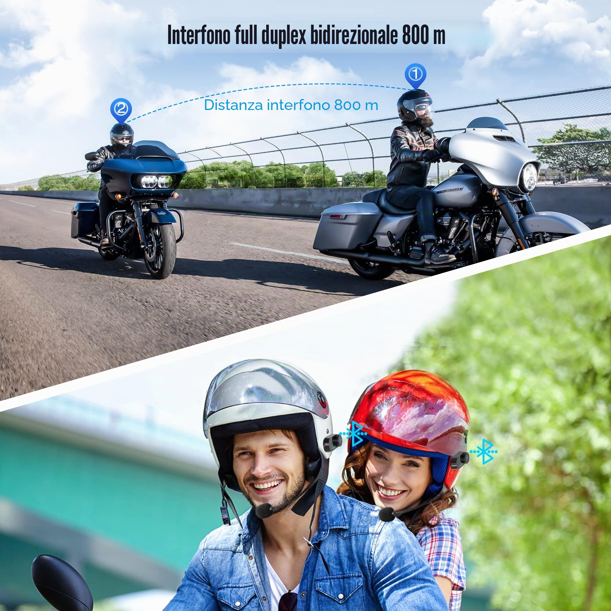 FreedConn Auricolare Bluetooth per casco da moto, TCOM VB 2-Way 800M Sistemi di comunicazione interfono per casco integrale e ribaltabile ecc.(Radio FM/IP65/con microfono 2 in 1) Interfono per moto