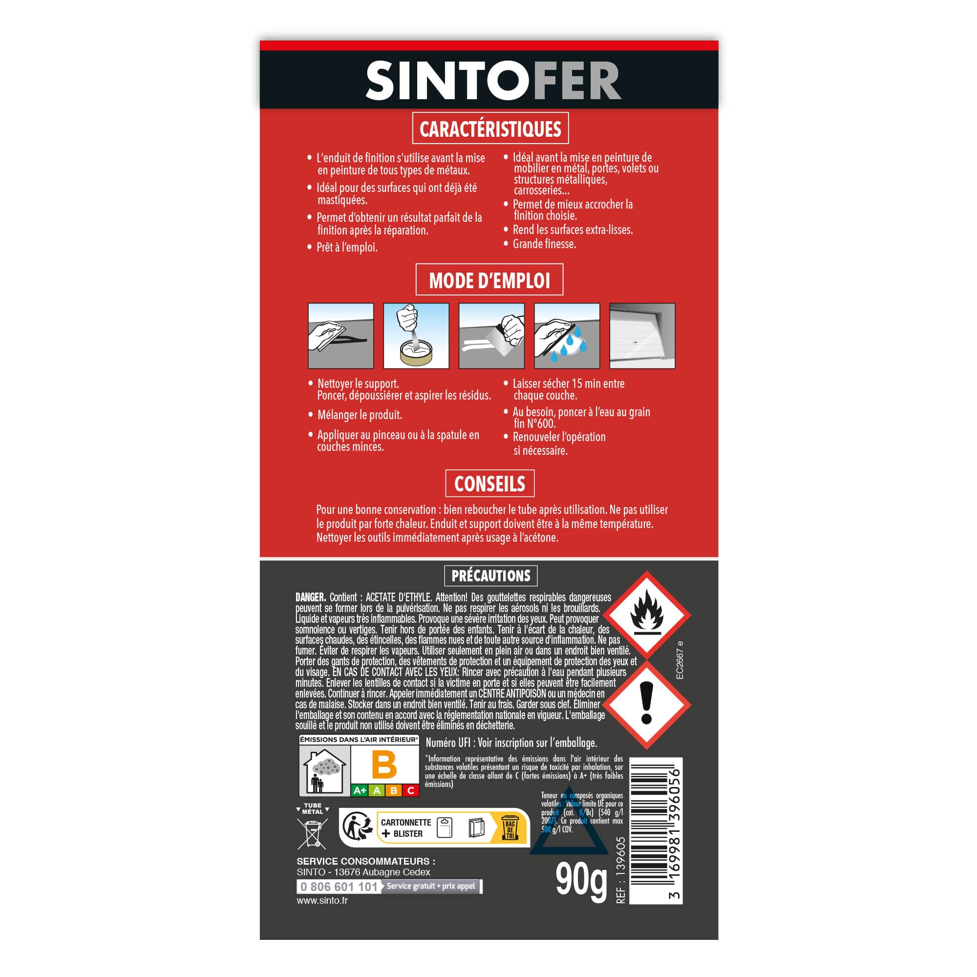 SINTO Enduit de Finition Métal 90g - Prépare le Support, Comble les Micro Aspérités, Séchage Rapide