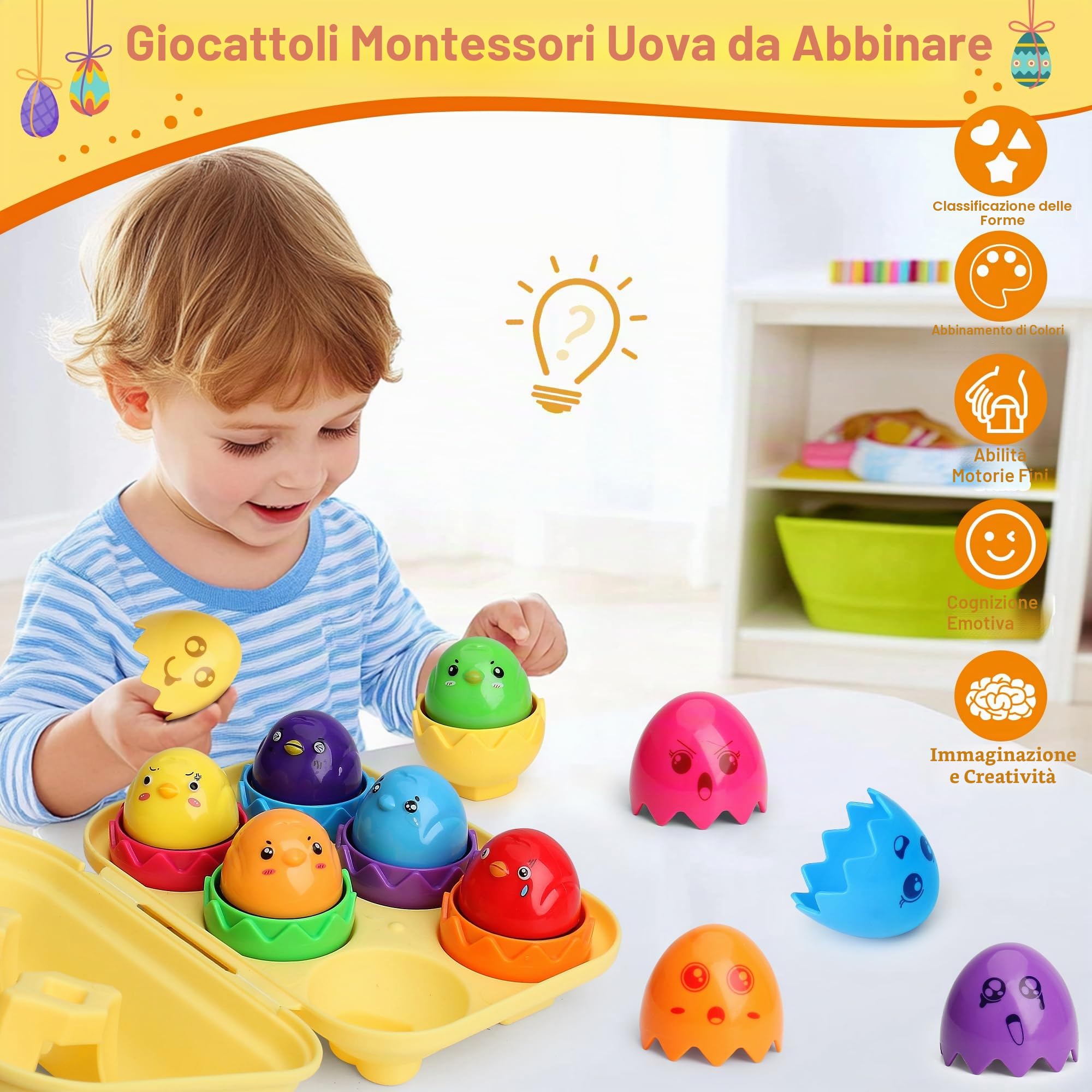 MOONTOY Uova Giocattolo per Bambini 1-3 Anni - Giochi Montessori Educativi per Imparare Colori e Forme - Gioco di Abbinamento - Regalo di Pasqua per Neonati