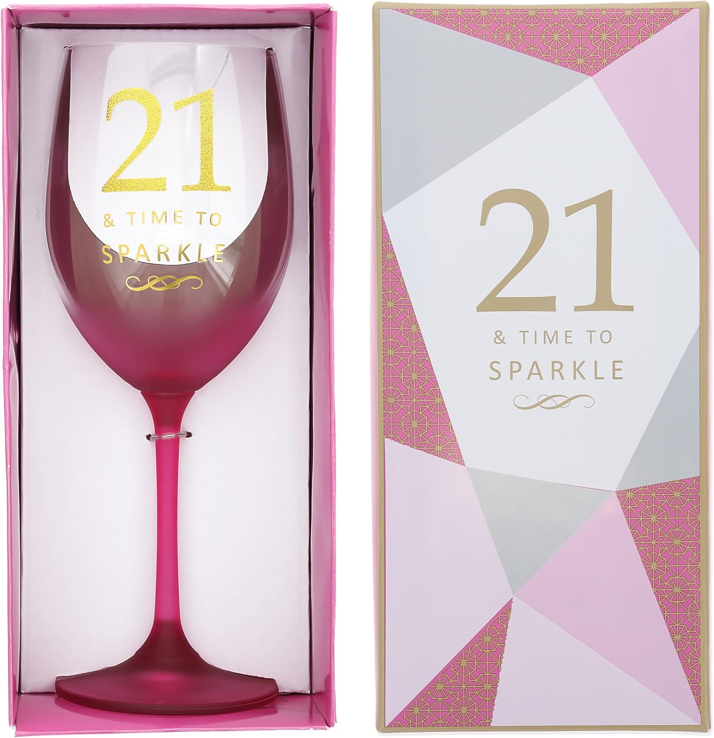 Pavilion Gift Company - 21 & Time To Sparkle - 19 oz Pink & Gold Ombre Stemmed Wine Glass Happy Birthday Party Celebration Milestone Gift Present