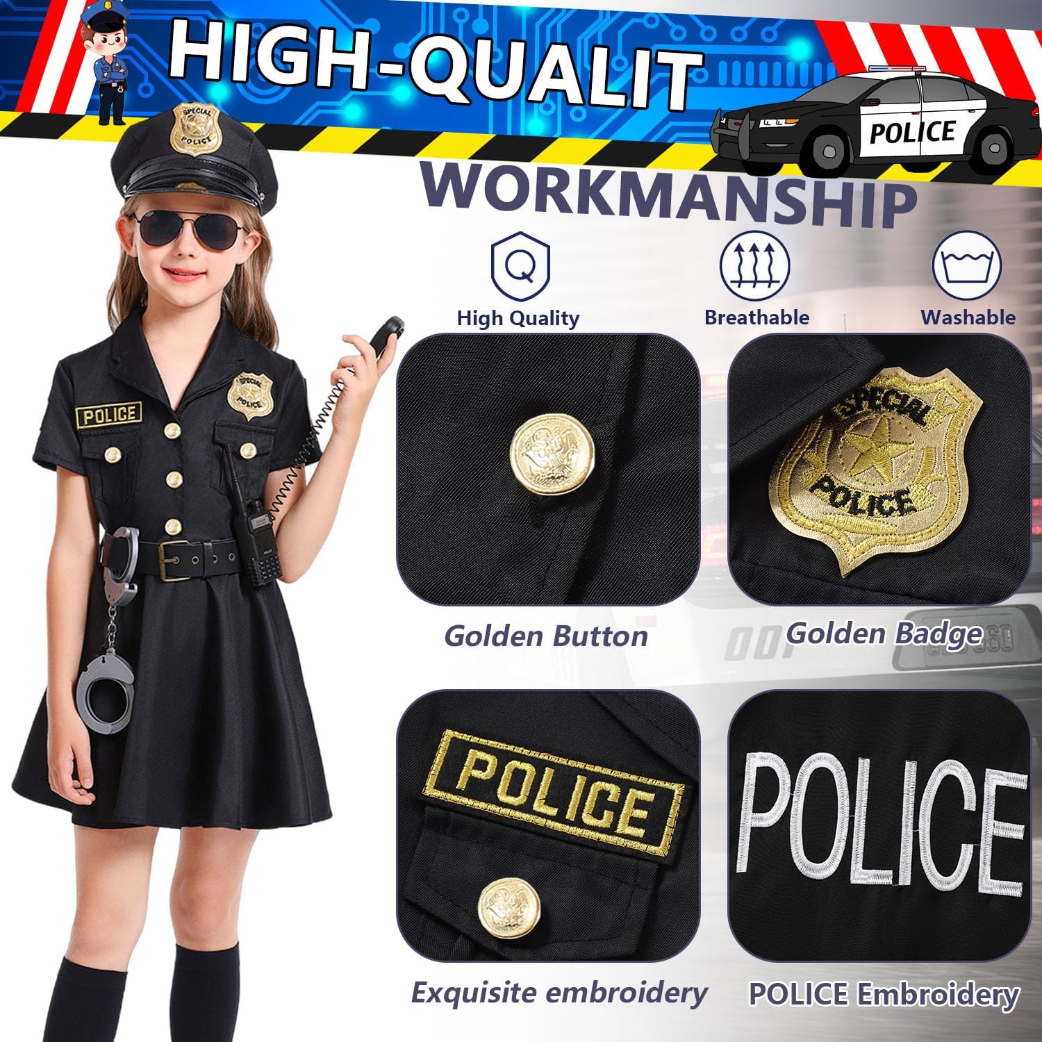 police officer costume kids girls halloween costume cop outfit cosplay with deluxe accessories girls police costume dress 4-6 years