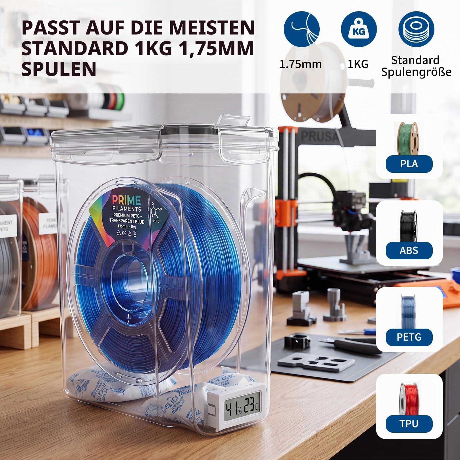 4 Stück Filament Aufbewahrungsbox, Filament Container für 3D Druck Filament Versiegelung und Schutz, Tragbare Aufbewahrung mit 4 Hygrometer, Rohrabschneider, Trockenmittel & Etiketten 4,0L