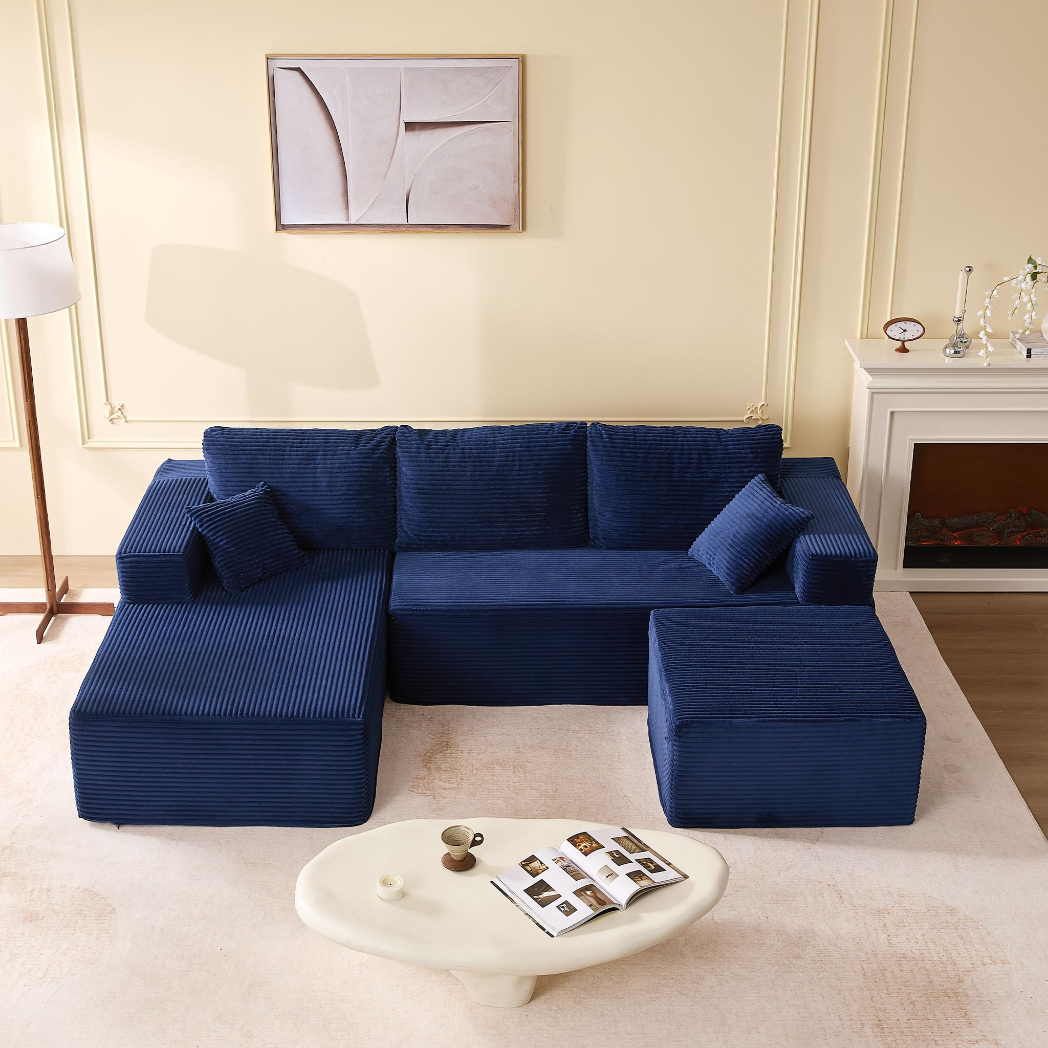 Afuson 107" Boneless Couch with Deep Seat, Modular Sectional Sofa, Cloud Sectional Couch for Living Room, No Assembly Required, Corduroy, U-Shape 3 Seater Left, Blue