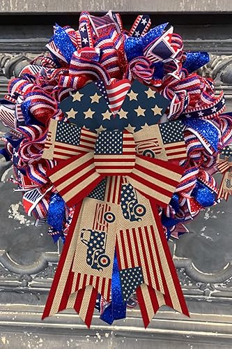 Miniatura 5 de 2 lazos patrióticos para corona, bandera de Estados Unidos, camión, arcos de arpillera para corona, lazo marrón del 4 de julio para el Día de la