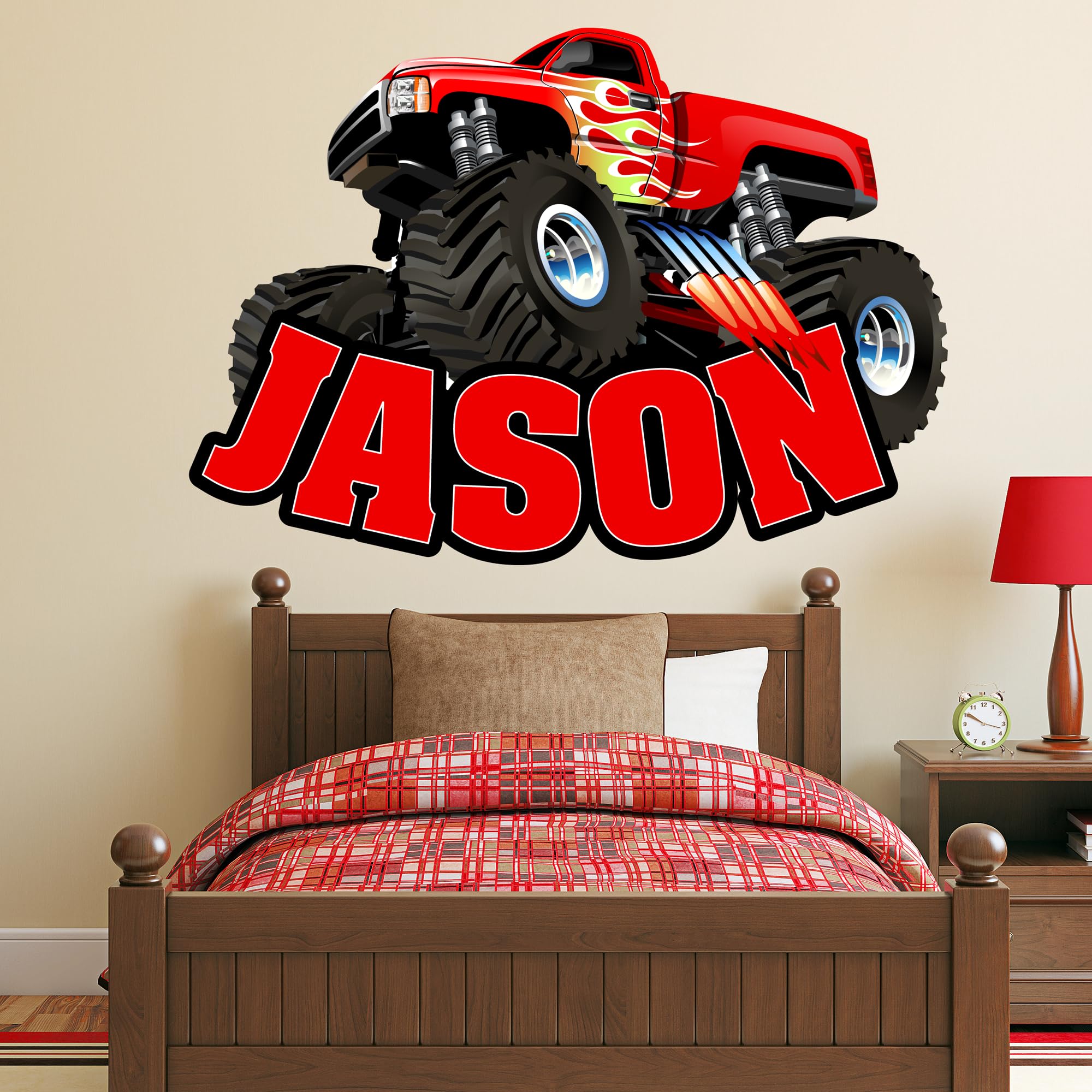 Monster Truck Name Wall Decal Sticker Art with Personalized Custom Name for Boys Rooms-Big Truck Tire Crushing Letters Theme Bedroom Decor, Vinyl Peel