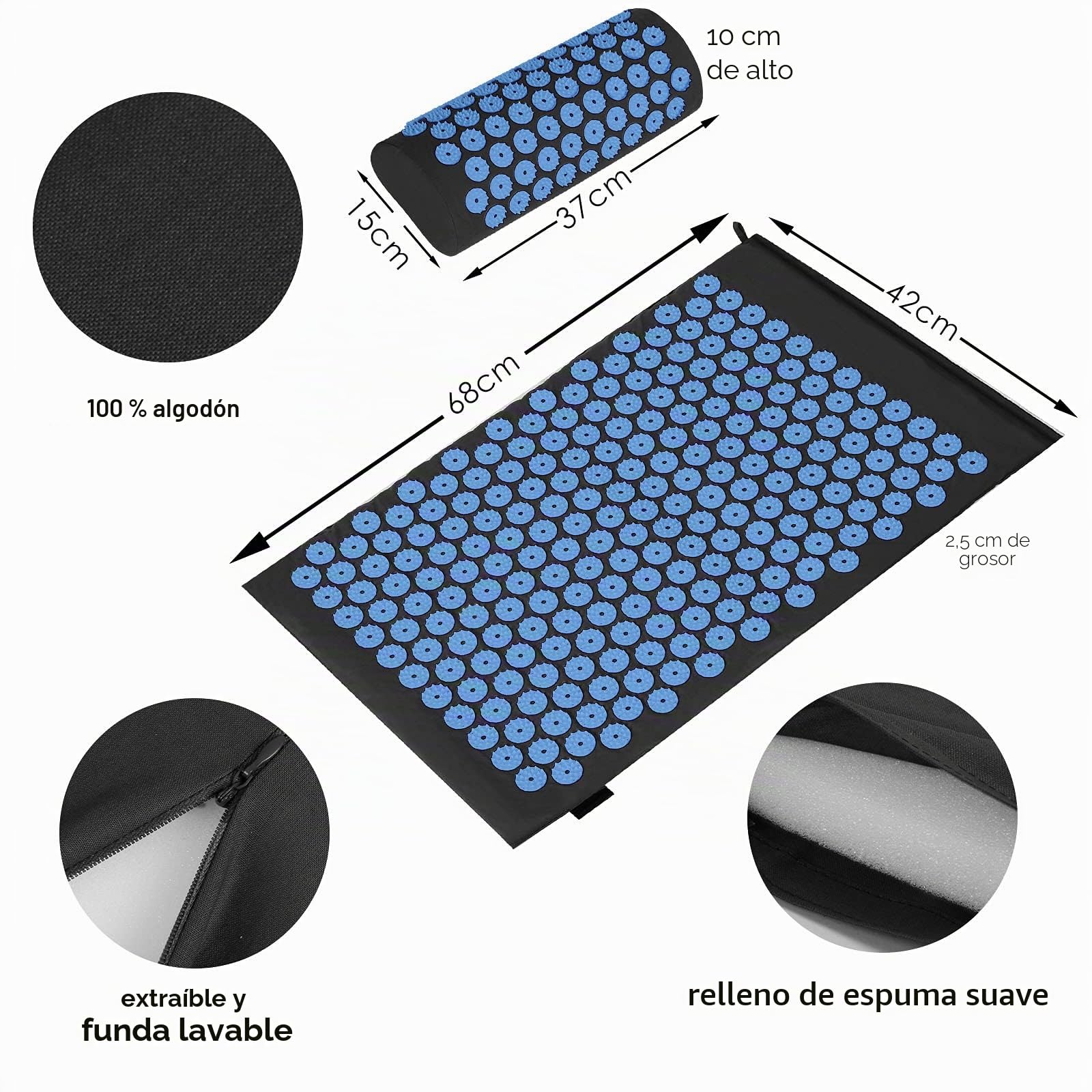 Juego de acupresión con cojín para una relajación y masaje, para aliviar el dolor de espalda, dolores de cabeza y cuello, estimula los puntos de energía en el cuerpo y estimula los puntos de energía