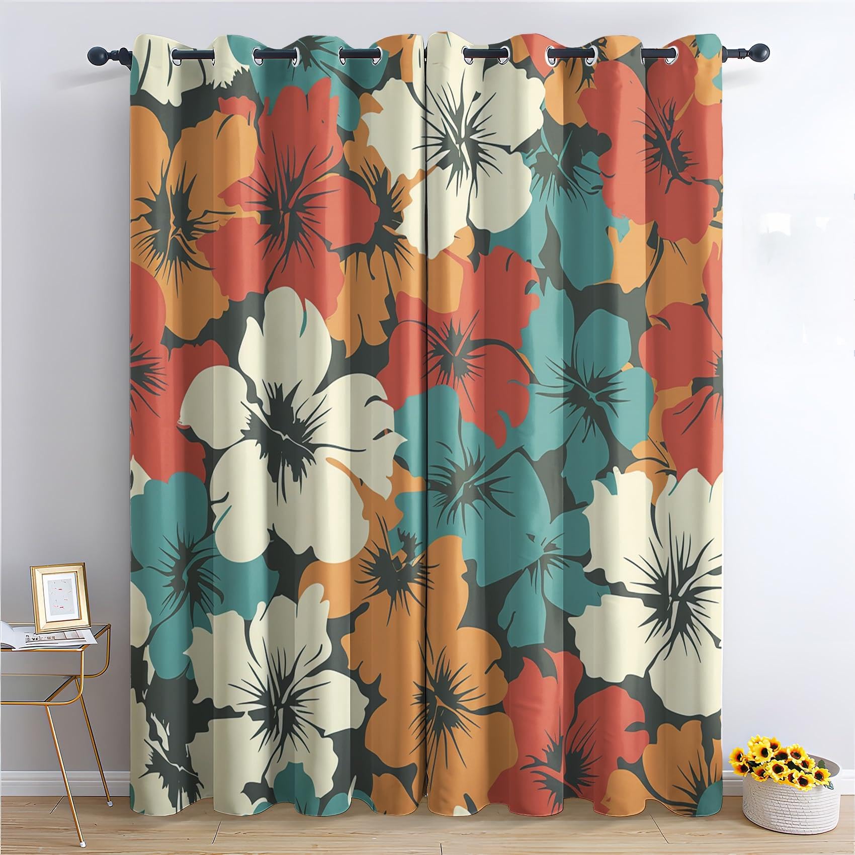 SMXVRC Boho Floral Print Window Curtains Colorful Wildflowers Eyelet Curtain 3D Print Panorama Pattern Fade-Resistant Thermal Insulated Window Treatment for Bedroom Home Decor, W55 x L72 x 2 Panels