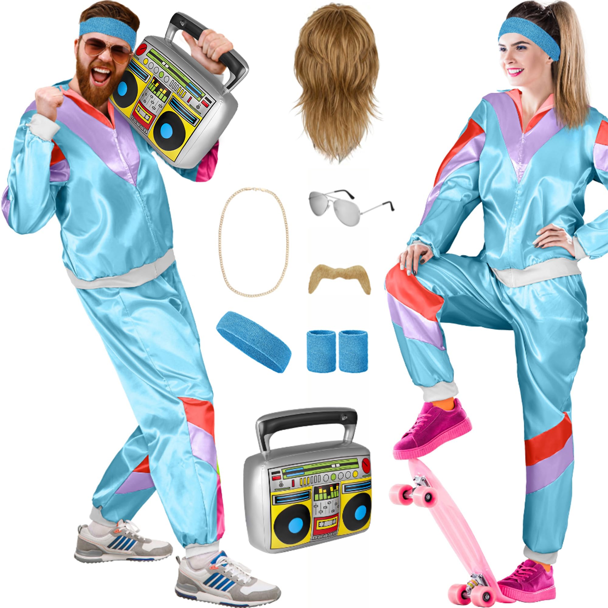Balinco 80s Outfit Women/Men, Tracksuit Carnival Costume Set, Mullet Wig, Beard, Chain, Pilot Glasses, Sweatbands, Ghetto Blaster (Light Blue, Purple, Red, XL)