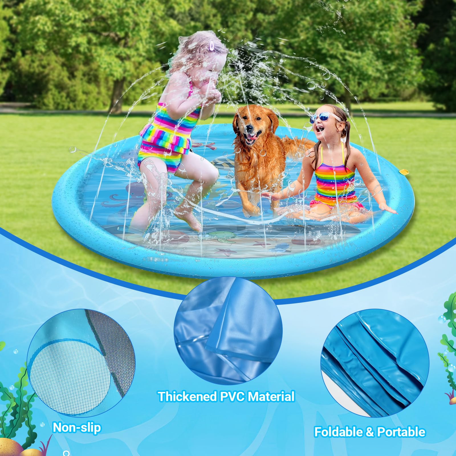 Tappetino Gioco d'Acqua, 170CM Splash Pad per Bambini Cani, Antiscivolo Tappetino Gioco Acqua, Tappetino Spruzzi d’Acqua per Giardino Estate Outdoor