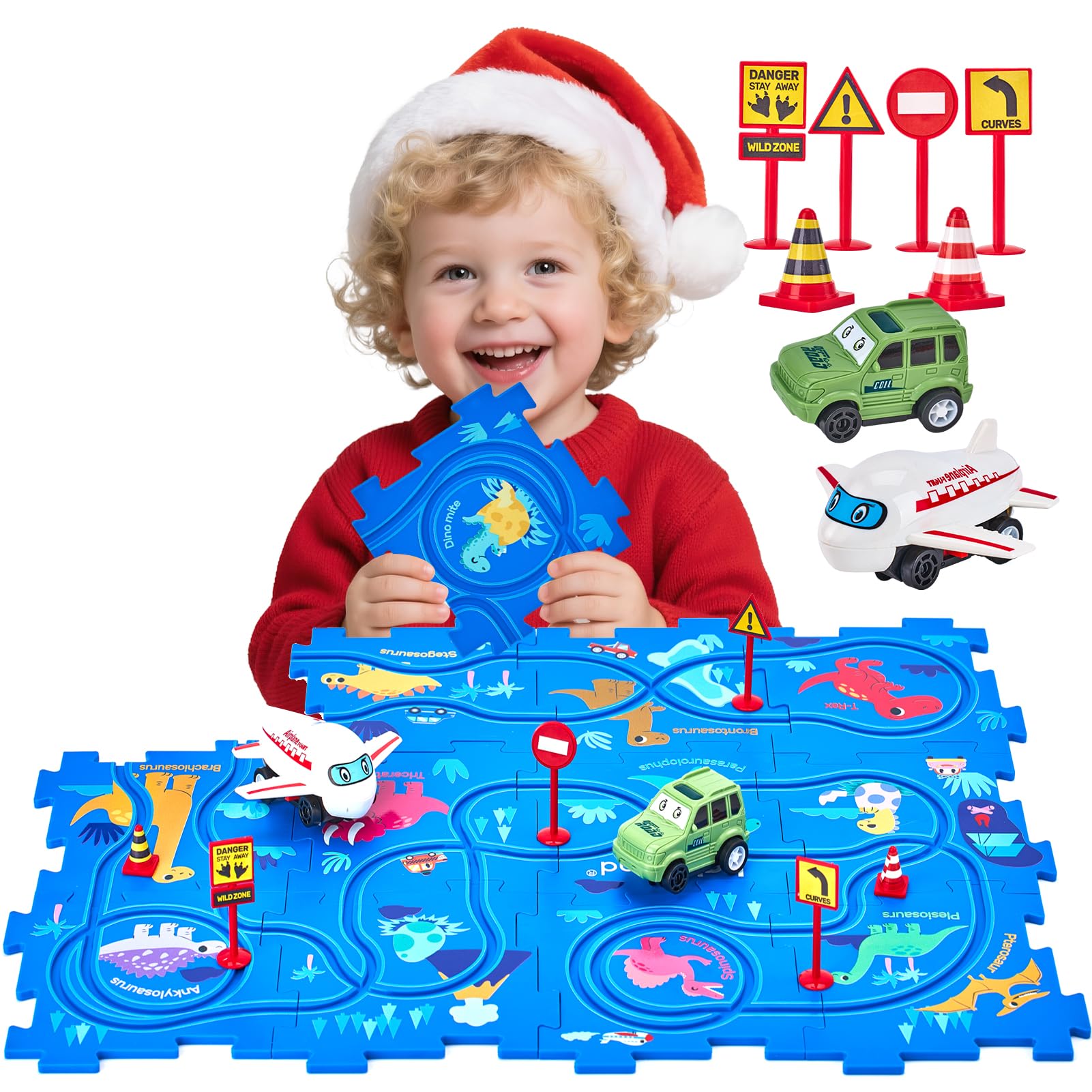 hahaland Puzzle Racer Kids Car Track Set - 5x5 Inches Larger Size of Each Piece Toys for Ages 3-4 for Kids 3 Year Old Boy Toys for 3-5 Birthday for Grandkids