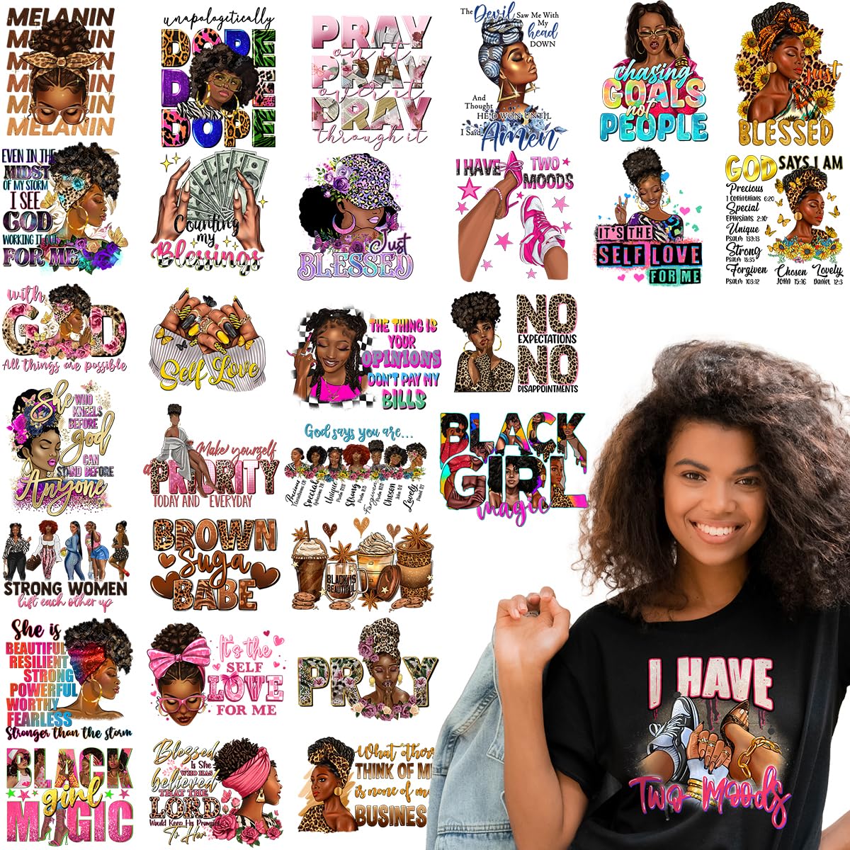 Kaciola 30 Sheets Black Girl DTF Transfers Ready to Press, Black Women Iron on Transfers for T Shirts Washable Stickers Iron on Decals for T Shirts Hoodie DIY Crafts