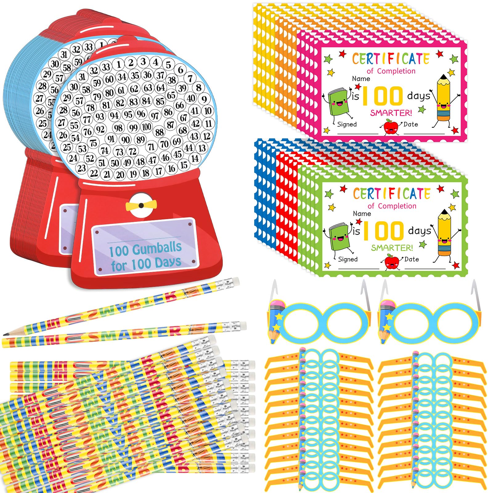 Arrowbash 100 Pcs 100th Day of School Kit Teacher Favor Kit, 25 Pencils 25 Certificates 25 Paper Gumball Machine 25 Glasses for Kid 100 Day of School Classroom Celebration Party Favor Photo Booth Prop