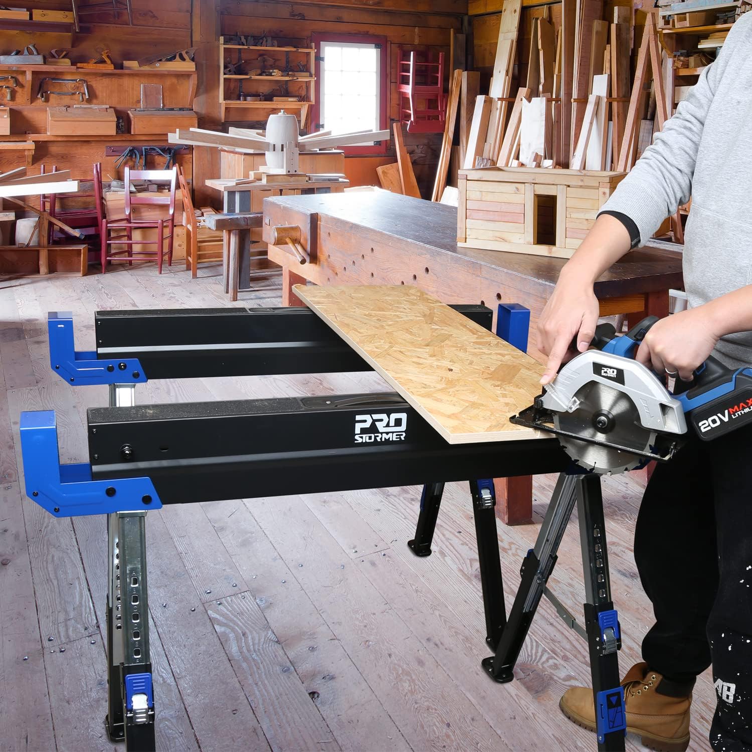 Prostormer Saw Horses 2 Pack Folding, Portable Heavy Duty Sawhorse with 2601 lbs Weight Capacity Per Pair, Adjustable Legs, Easy Carry Handle - Ideal for Home, Garage, and DIY Projects