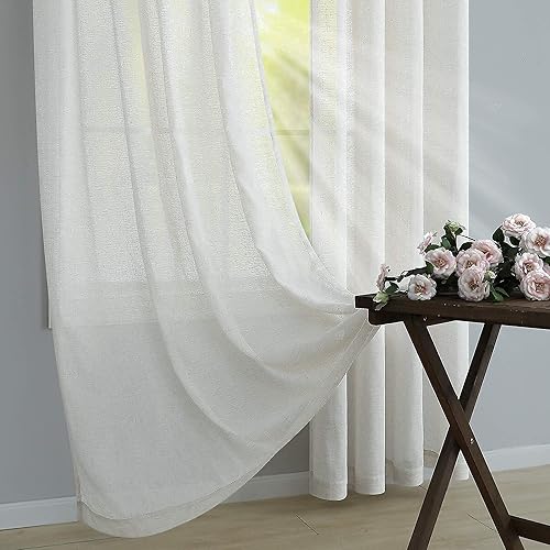 Miniatura 6 de Cortinas blancas de 84 pulgadas de largo para dormitorio, 2 paneles con ojales, de lino natural, con textura, rústicas, semitransparentes, modernas,