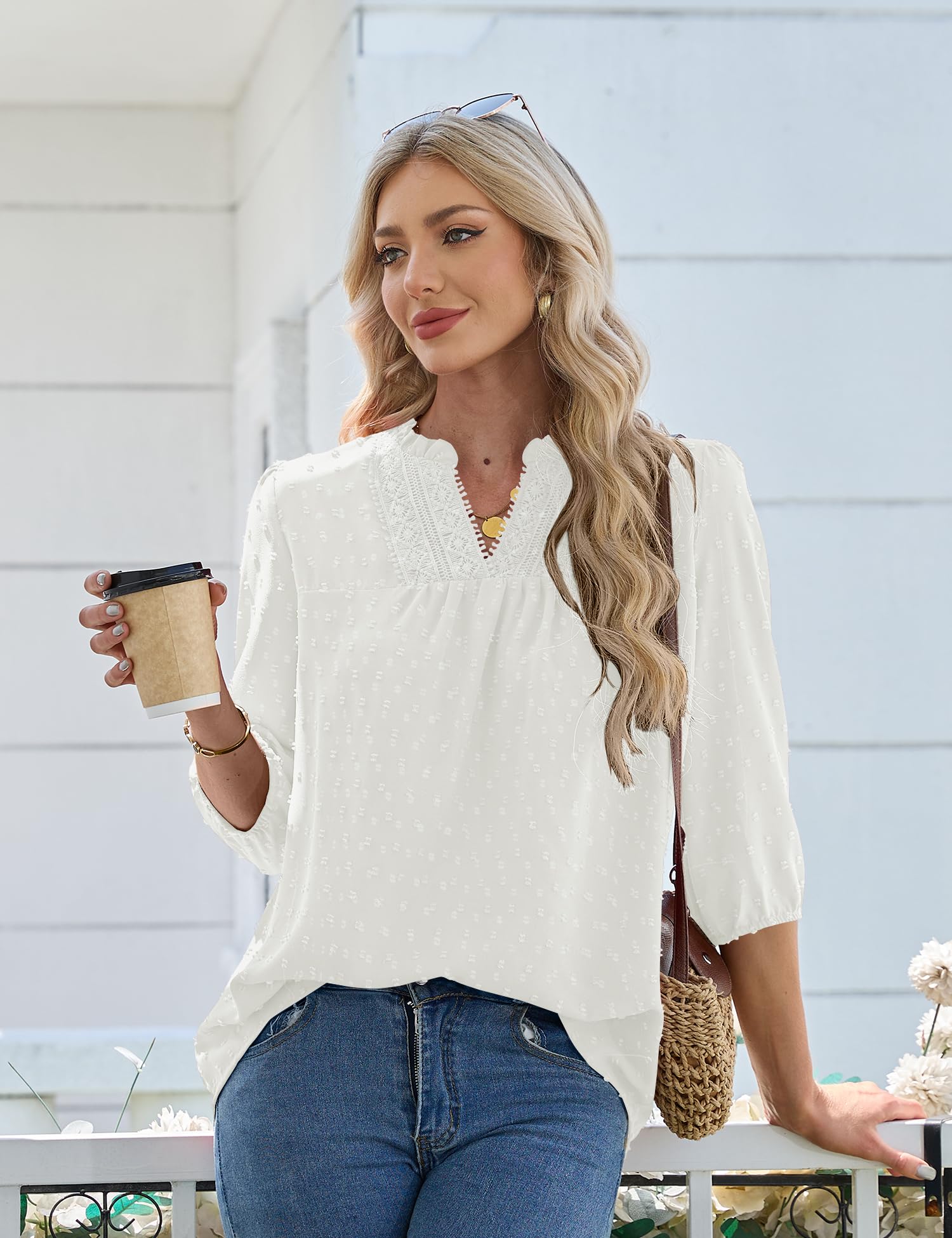 iWoo Musselin Bluse Damen 3/4 Arm V-Ausschnitt Elegant Festlich Oberteil Tunika Sommer Tops Business Lässig Blusen 2026