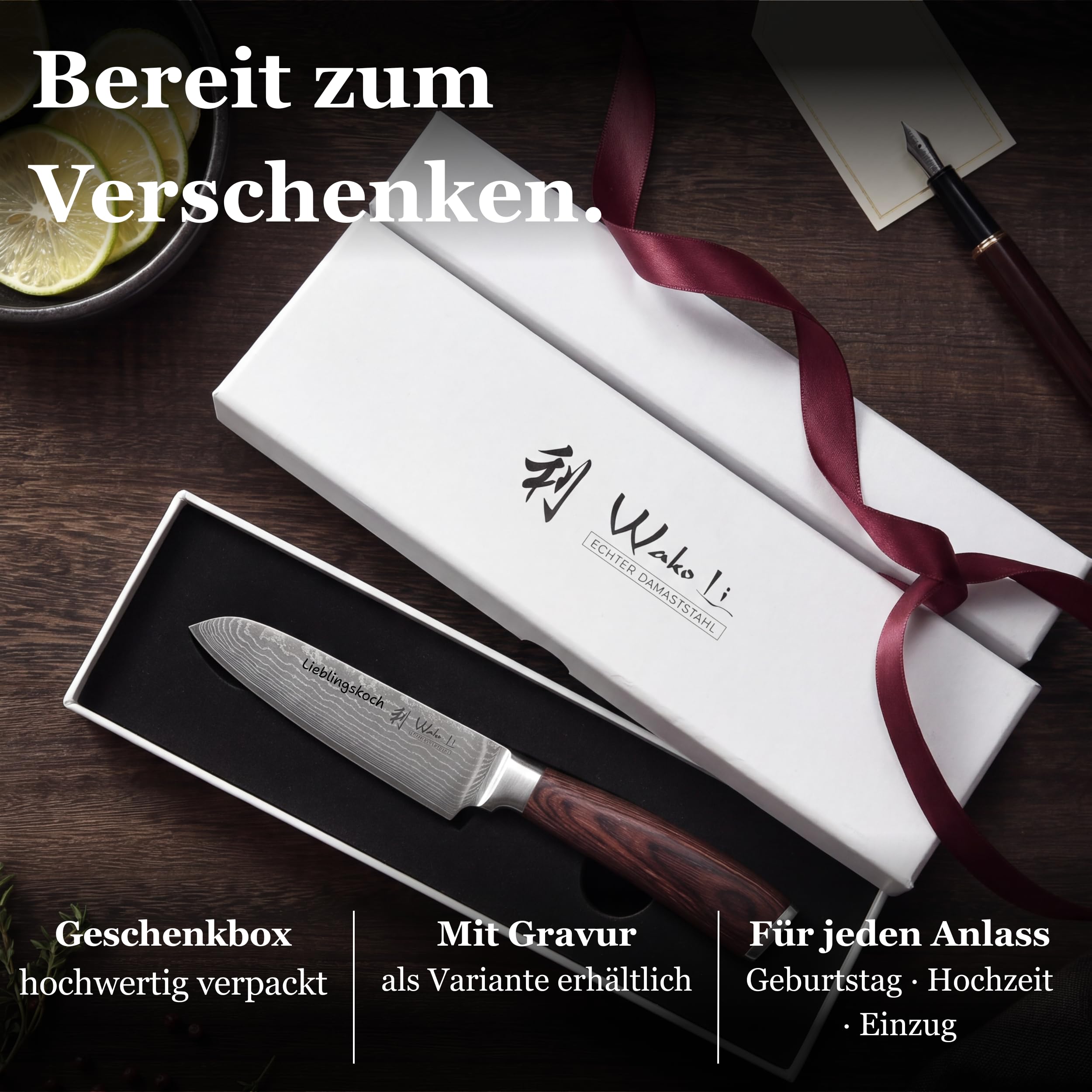 Wakoli EDIB Damastmesser Santoku 12,5 cm Klinge – Kleines Damast Küchenmesser aus 67 Lagen Damaststahl mit VG10-Kern (60 ±2 HRC) – Scharfes Santoku Messer mit Pakkaholzgriff in Geschenkbox