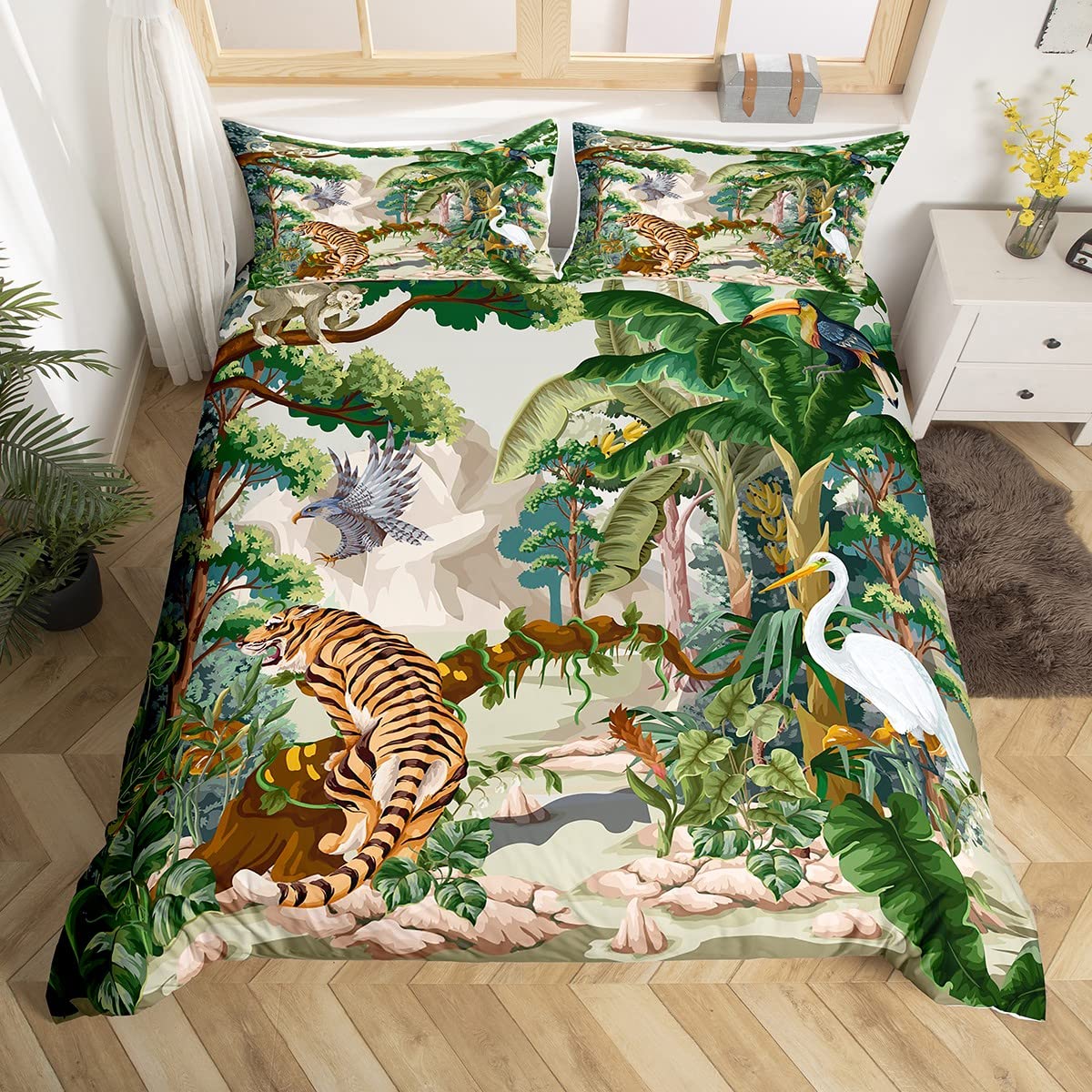 Richhome Boys Multi 07 Tiger Animal Duvet Cover Single Size,Green Palm Leaves Jungle Bedding Set 2Pcs For Kids Teens,Rainforest Eagle Wildlife Comforter Cover Soft Quilt Cover Bedroom Decor Bedspread