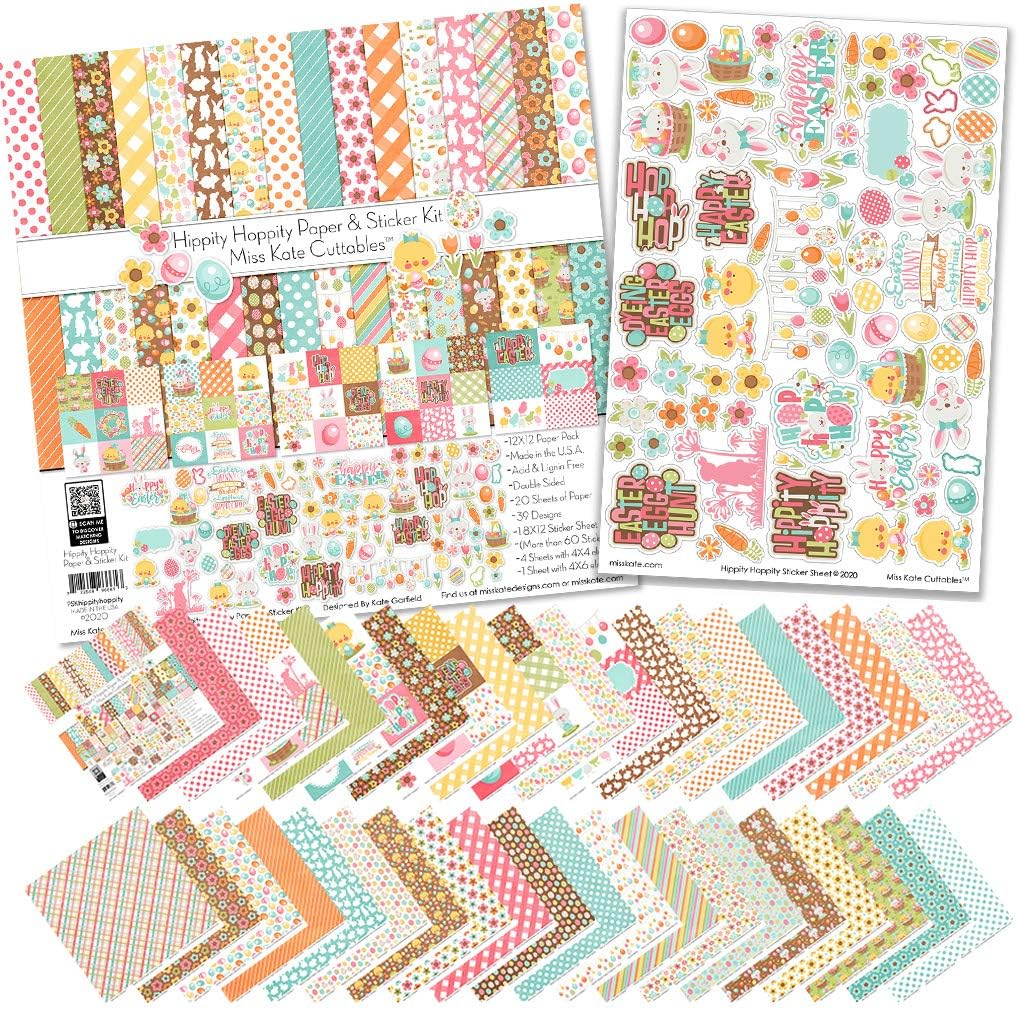 Miss Kate Cuttables Paper & Sticker Kit - Hippity Hoppity for Easter Spring - 17 Double-Sided 12x12 Papers with 33 Designs & 1 8X12 Sticker Sheet - Scrapbooking Card Making Crafting