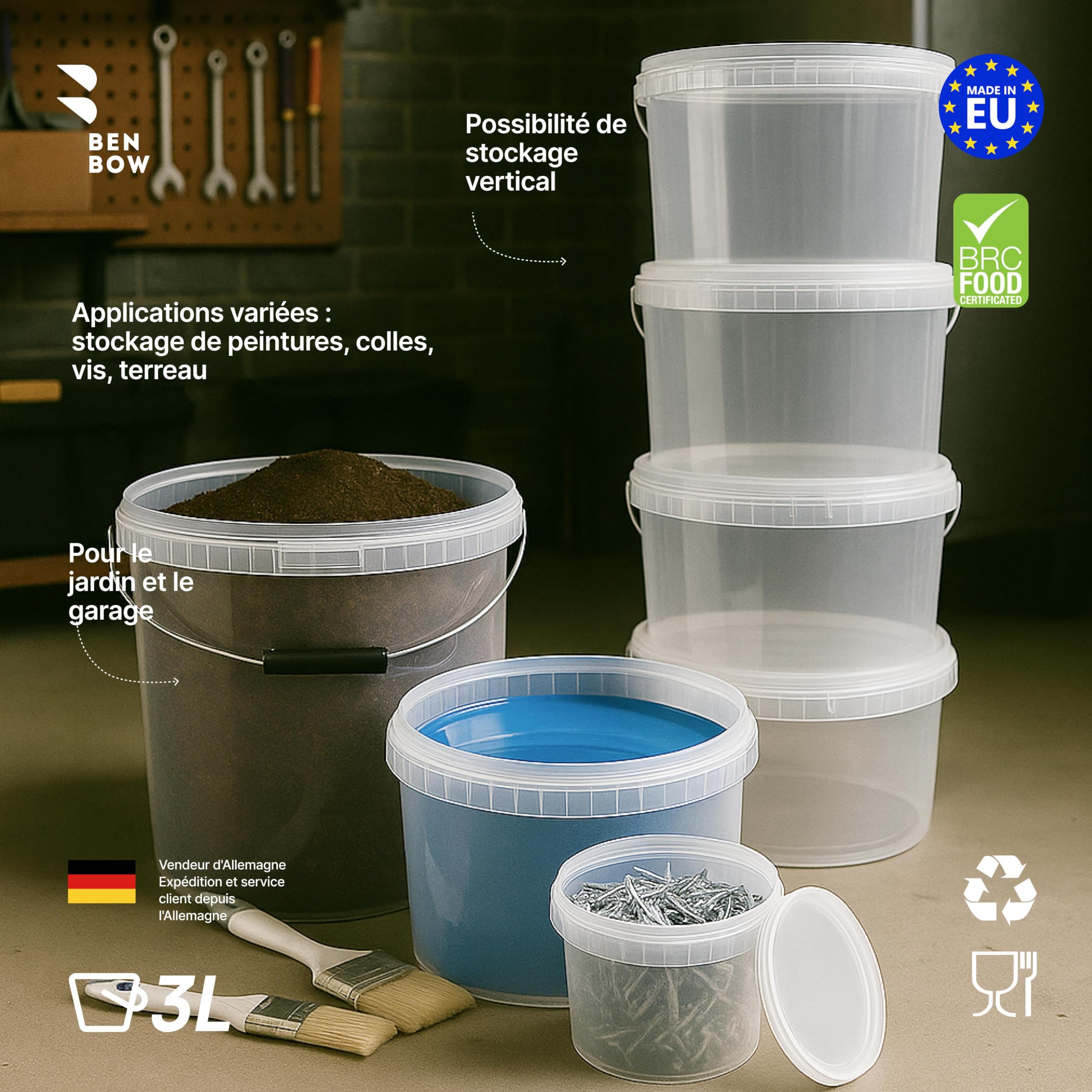 BenBow Seau avec Couvercle 3l Transparent 20x 3 litres - Convient pour Aliments, Stable, étanche à l'air, Anti-Fuite, inodore - Seau en Plastique - Vide