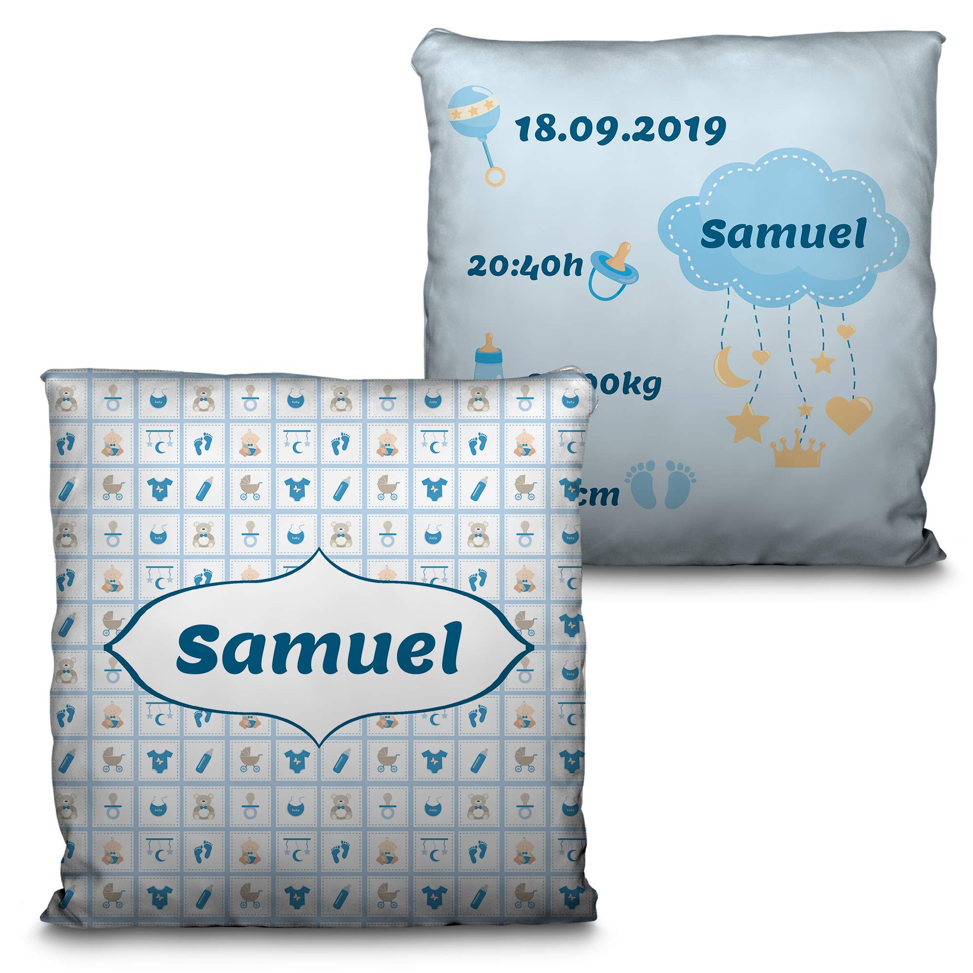 Cojín Bebé Personalizado LolaPix - Con Nombre Y Fecha De Nacimiento, Relleno Incluido, Varios Diseños, Tamaños 30x30 A 65x65 Cm