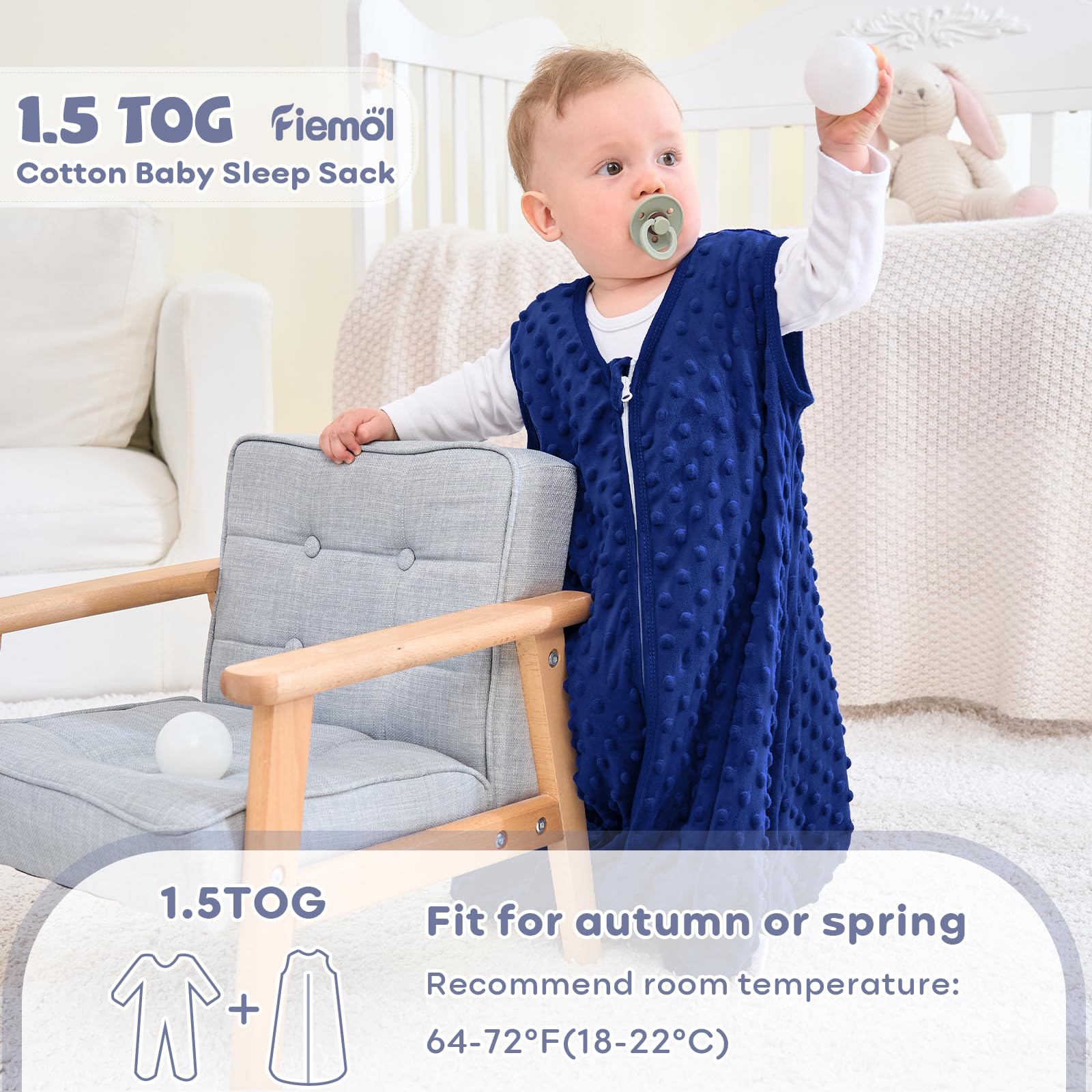 FIEMOL Sacco Nanna Invernale 18-24 Mesi, Neonato Sacchi Nanna 1.5 Tog Autunno con Pois di Peluche, Morbido Sacco Nanna per Bambini in Cotone, Confezione da 2 Pezzi Blu e Grigio