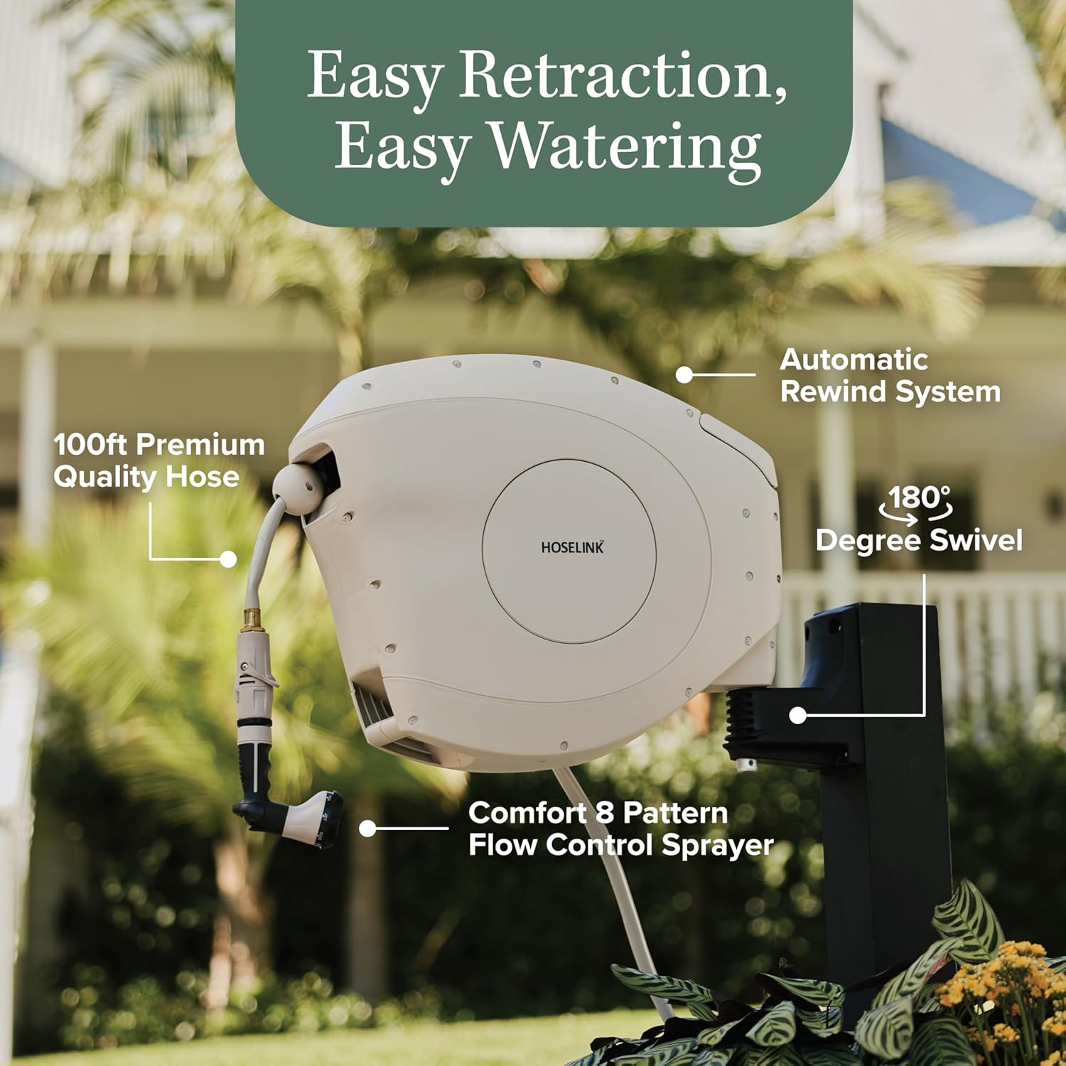 Image showing the Hoselink hose reel mounted on a wall, highlighting the 100ft premium quality hose, automatic rewind system, 180-degree swivel, and comfort 8-pattern flow control sprayer.