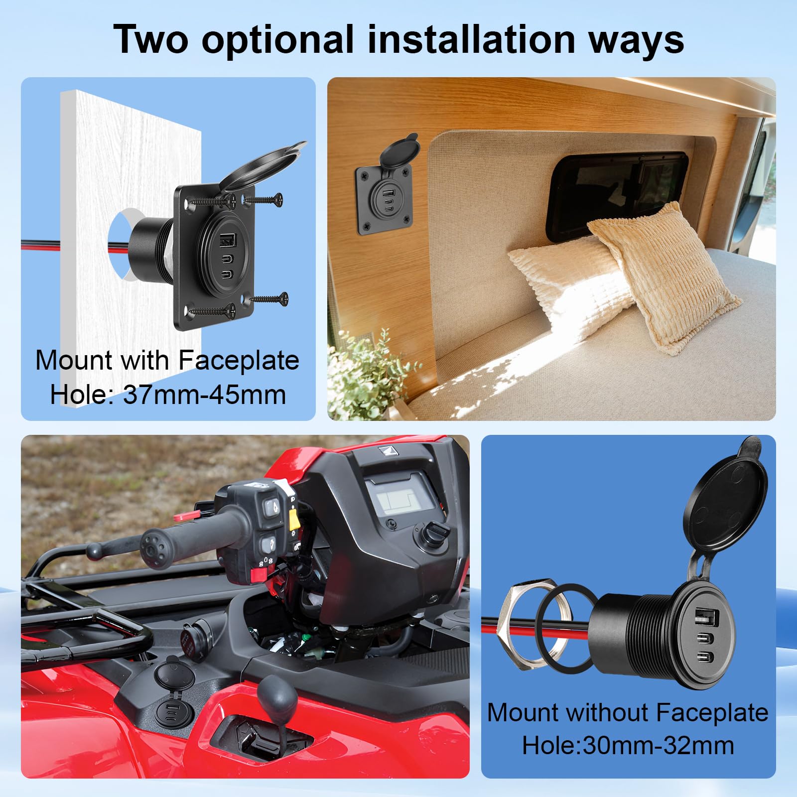 Presa USB 12V Camper Auto Tutto Alluminio 3 Porta 2Pcs | Tipo C PD3.0 & USB-A QC3.0 Caricatore Carica Rapida, Impermeabile per Roulotte Barca Camion