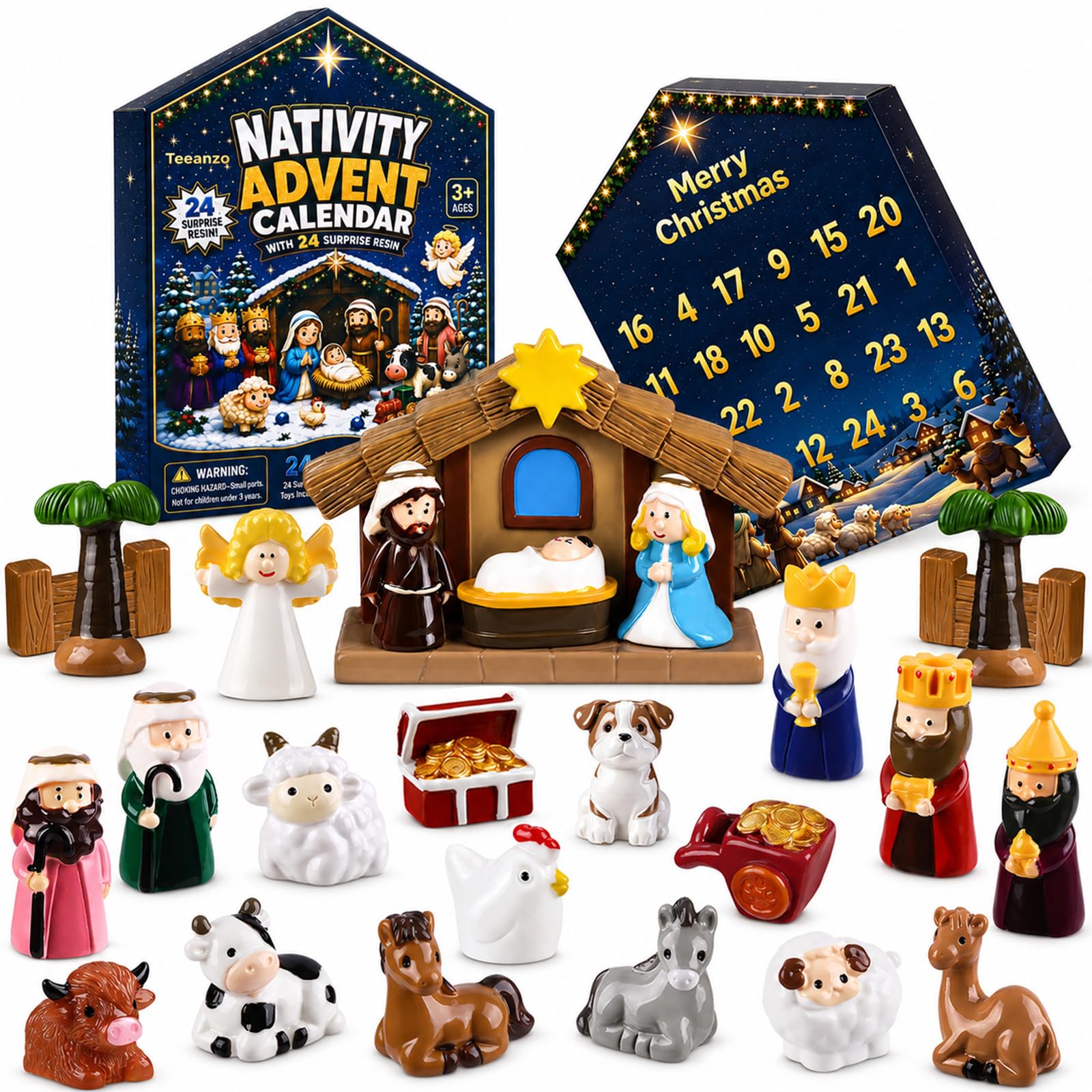 Teeanzo Nativity Advent Calendar 2026 for Kids, 25Pcs Little People Nativity Set 24 Days Christmas Countdown Calendar with Resin Figures Jesus Birth Scene Religious Gift for Boys Girls