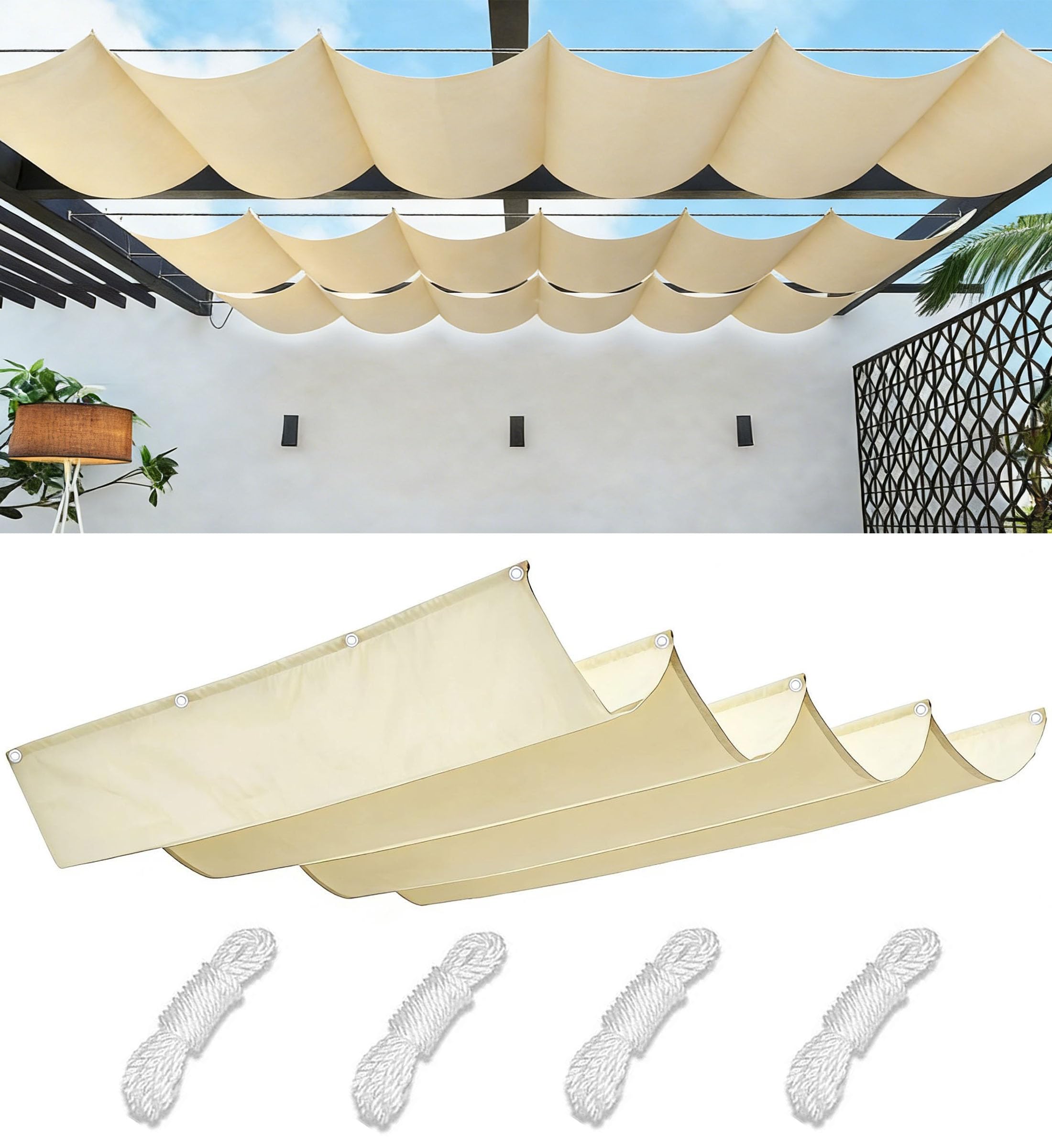 Sun Shade Sail Retractable Wave Waterproof Rectangle Shade Cloth Waterproof Outdoor Garden Patio Sunscreen Awning Canopy 95% UV Block with Rope for Outdoors Garden Patio 0.9x4.5M Cream