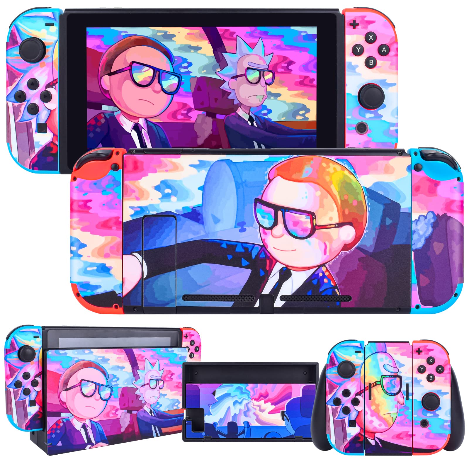 DLseego Autocollant de Protection for Switch,Anime Full Set Protective Faceplate Stickers Multicolored Mignon Pastel Film Protection Compatible avec Nintendo Switch Console Joy-Con Dock-Rick and Morty