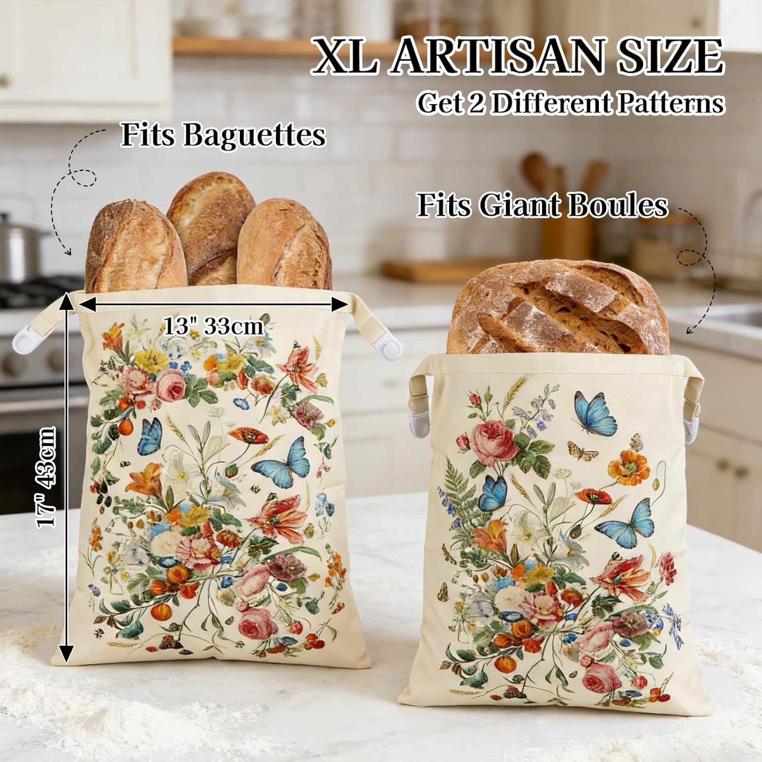 Sourdough Baking Set - 2 XL Beeswax Bread Bags for Homemade Bread (17×13 in) with Botanical Print & 1 Foldable Silicone Funnel Stand Mixer Attachment for 4.5-5 Quart Tilt-Head Mixers