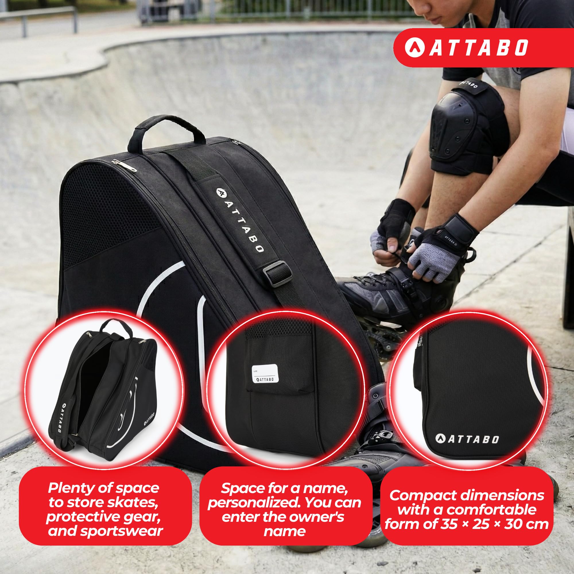 ATTABO Sako - Bolsa para Patines de Ruedas con 3 Compartimentos, poliéster y Sistema de ventilación, 38 l Grande, para Patines en línea y Patines — view 4