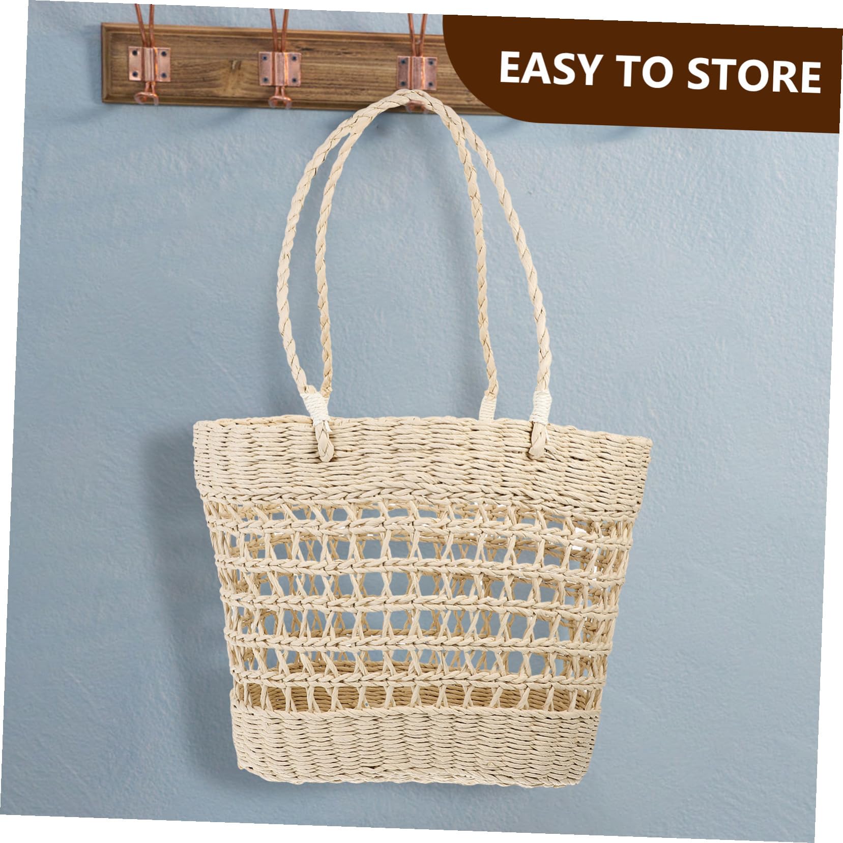 Sommer Strandtasche Damen Woven Tote Handtasche aus Papierfaden Geflochtene Hohle Strandtasche Freizeit Urlaubstasche Leicht und Geräumig für Shopping Camping