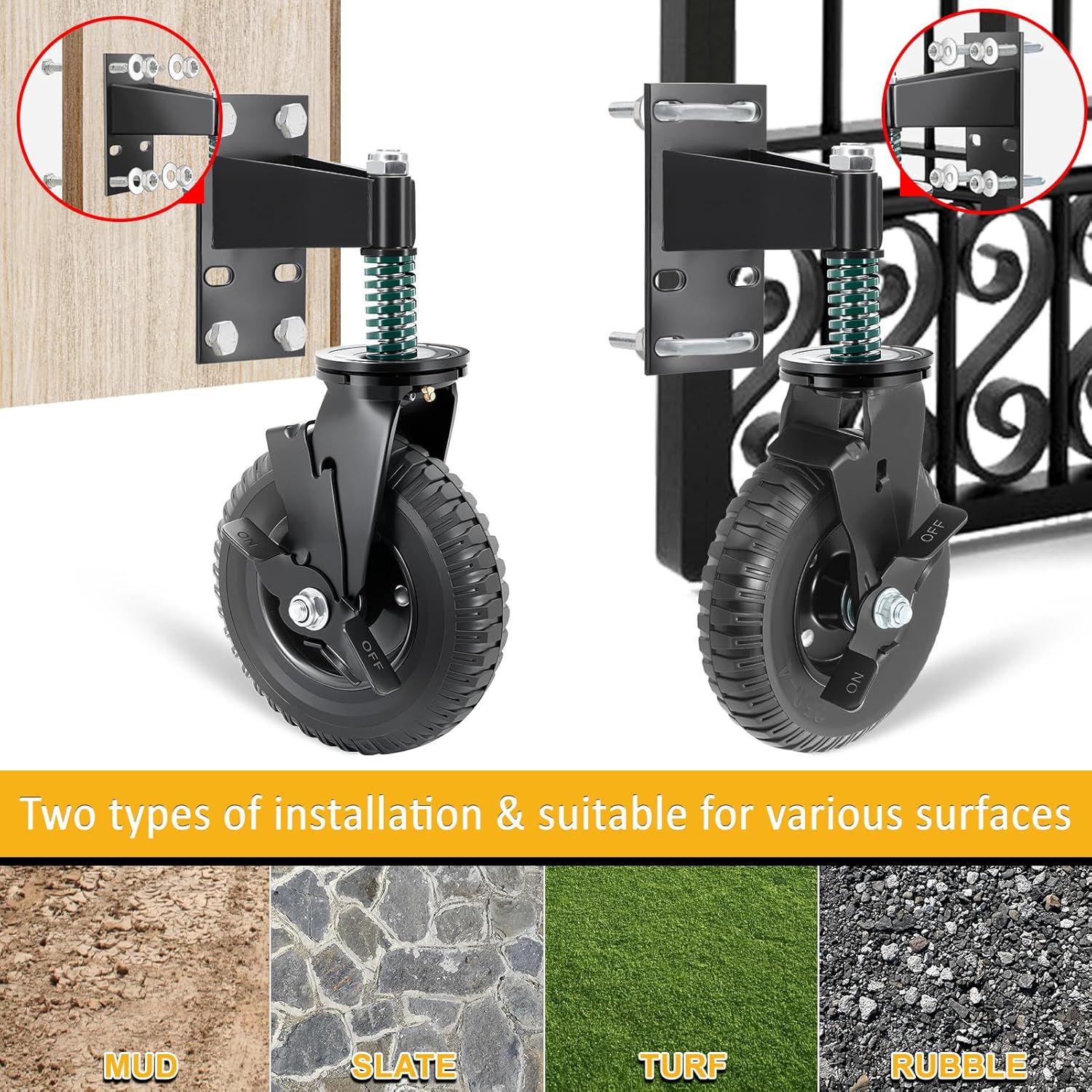 2Pcs 8 Inch Fence Gate Wheels with Brake 2 Install Heavy Duty Gate Wheels for Metal Wooden Gate Sliding Hardware 600lb Capacity 360° Rotation Spring-Loaded Farm Garden Caster Screwdriver Gloves Black