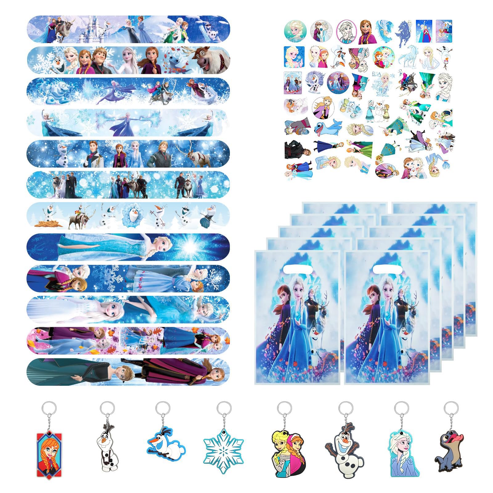 Oirigaga Mitgebsel Kindergeburtstag Gastgeschenke, 80pcs Eiskönigin Mitbringsel Set mit Schnapparmbänder Schlüsselanhänger Geschenktüten Stickers, Geburtstag Party Kleine Geschenke Give Aways Mädchen
