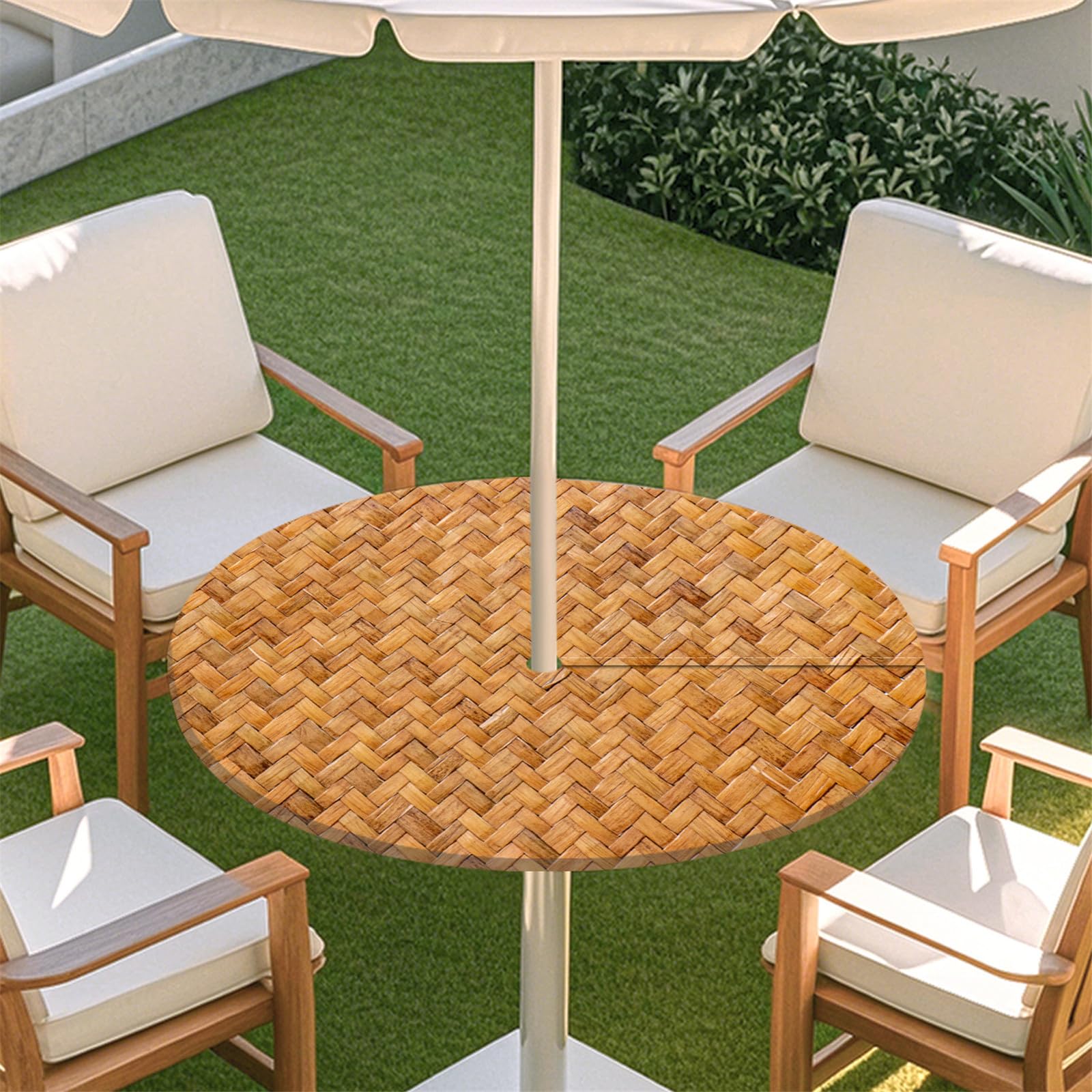 Odot Elastic Edge Round Fitted Tablecloth Protector Waterproof Outdoor Round Tablecloth with Parasol Hole and Zipper, Wipe Clean Table Cover for Garden BBQ Party, Woven (Brown,S:79-89cm)
