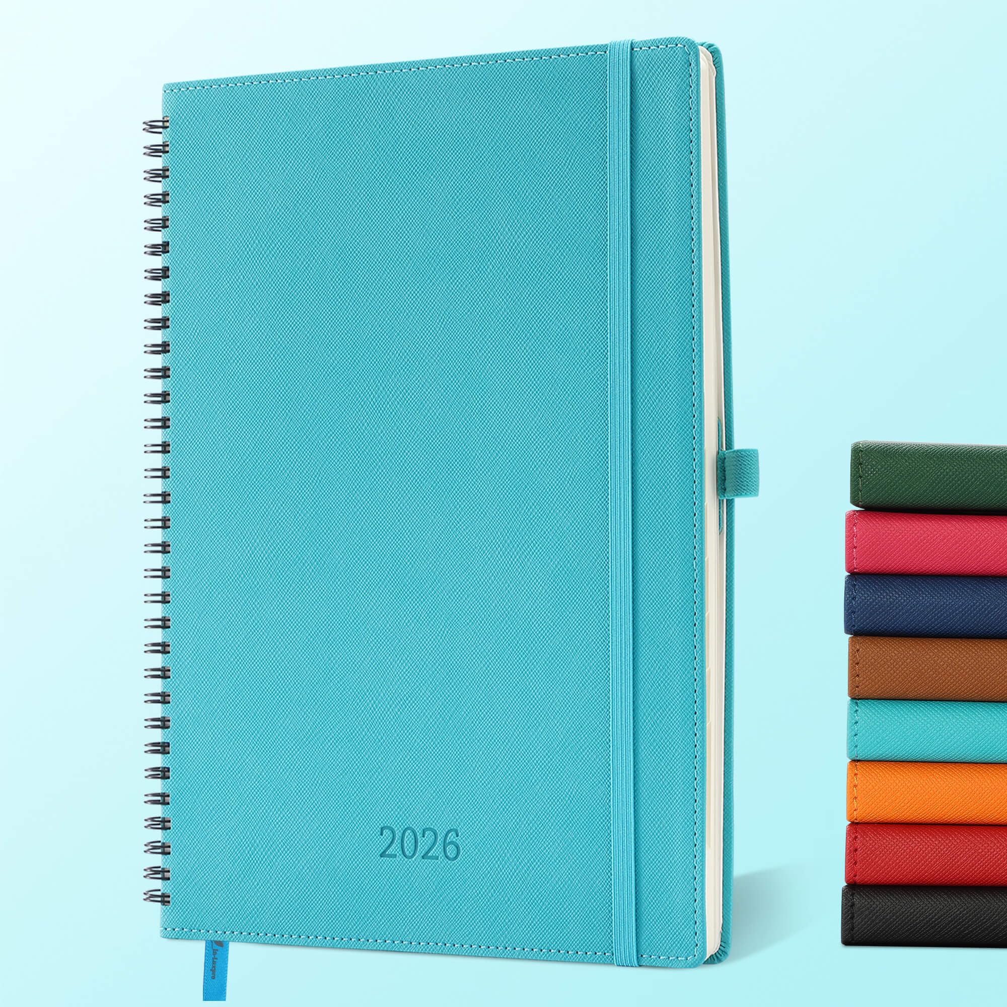 Agenda semanal 2026 con espiral de cuero y tapa suave, grande, color azul claro