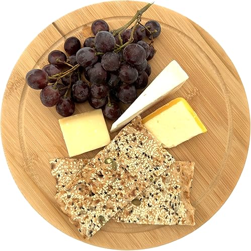 Miniatura 5 de Nature's Kitchen Bandeja redonda gruesa de bambú para servir con ranura para jugo para cortar queso y charcutería (12 pulgadas)