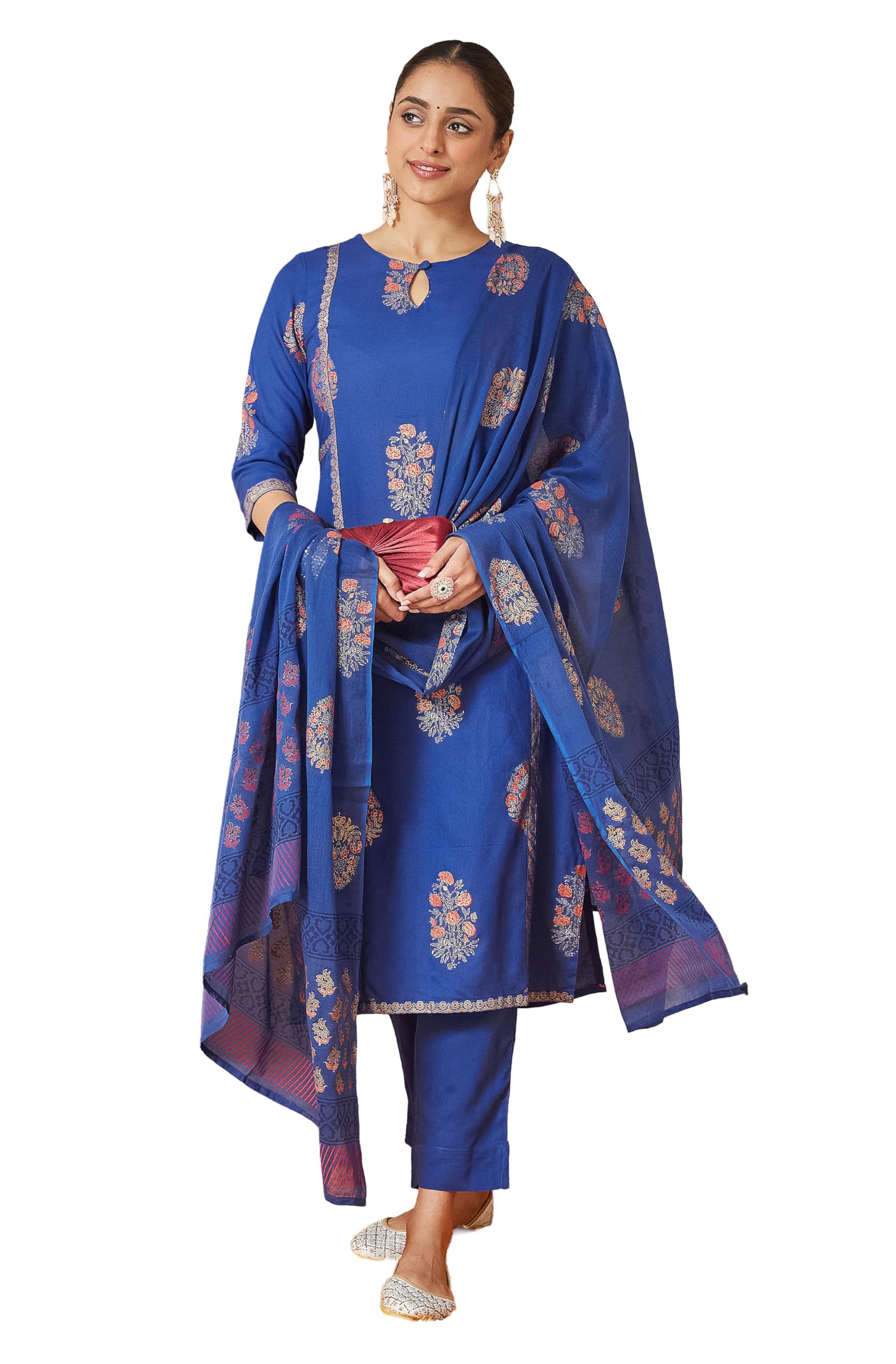Janasya Women's Royal Blue Rayon Gold Floral Printed Straight Kurta Set in blue