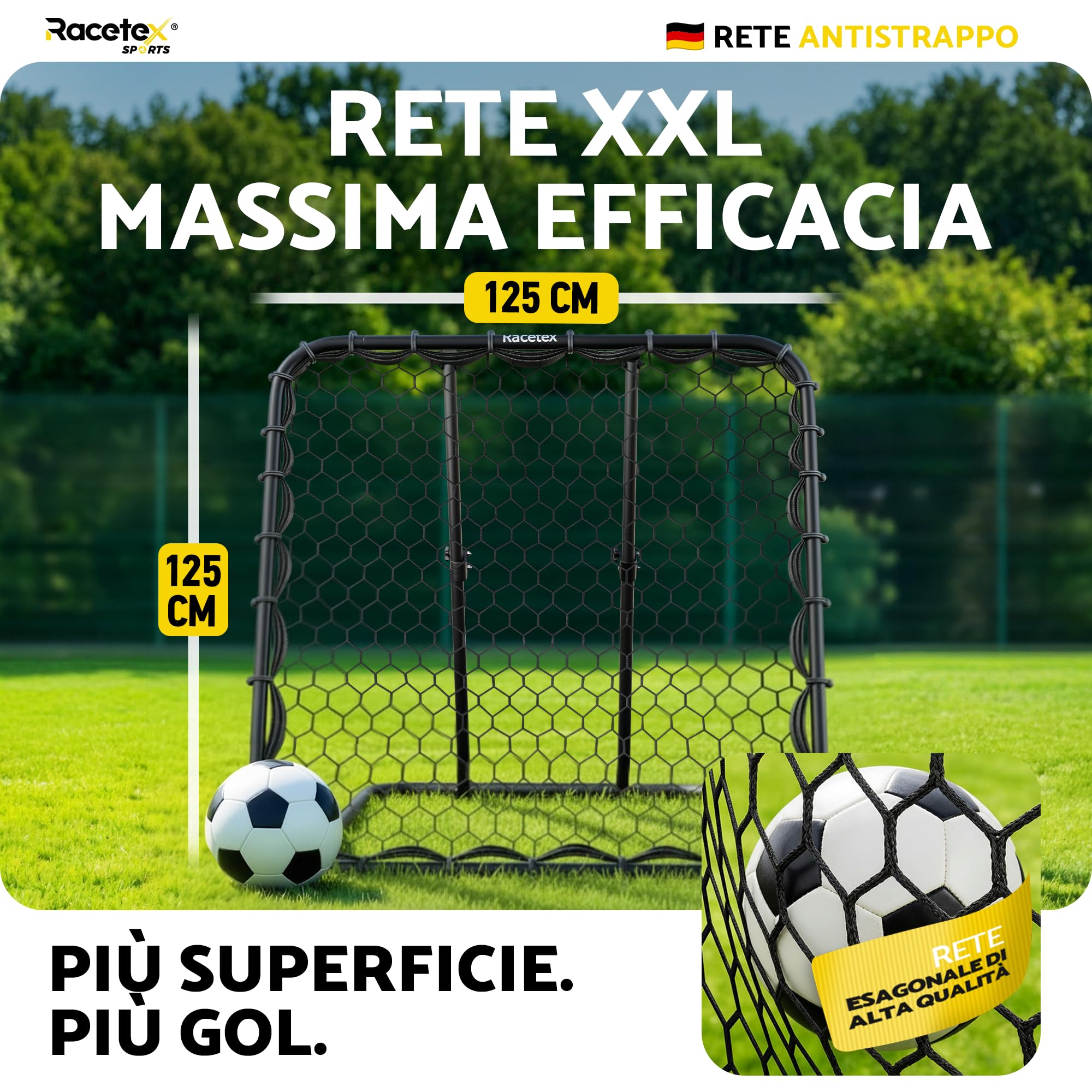 Racetex Rimbalzo per calcio XXL [125 cm x 125 cm) – Rimbalzo da calcio con struttura robusta e angolo regolabile – Calcio rimbalzo per allenamento di tiro, passaporto e balla