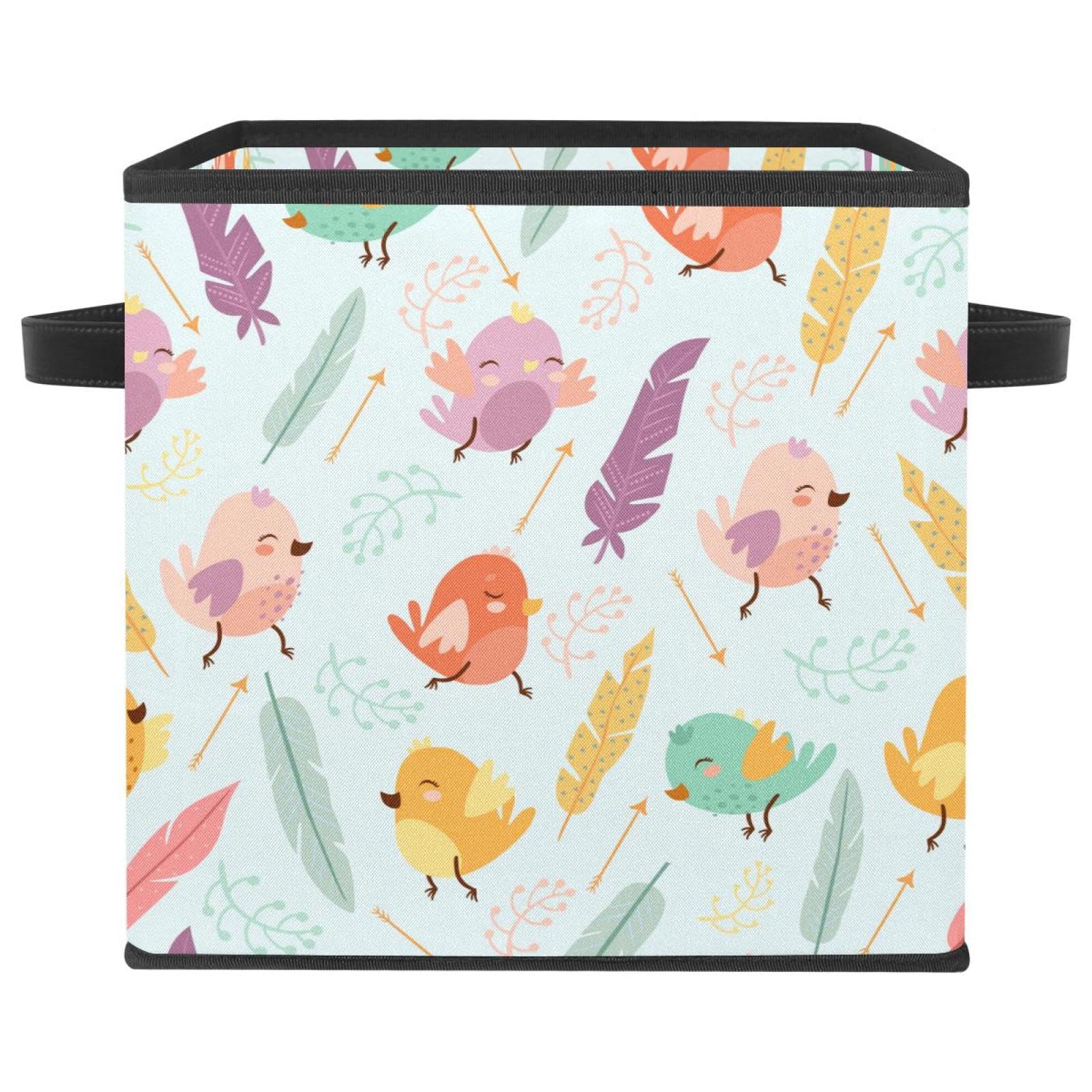 Boîte de rangement pliable cube en tissu motif oiseaux et plumes pour placard de chambre