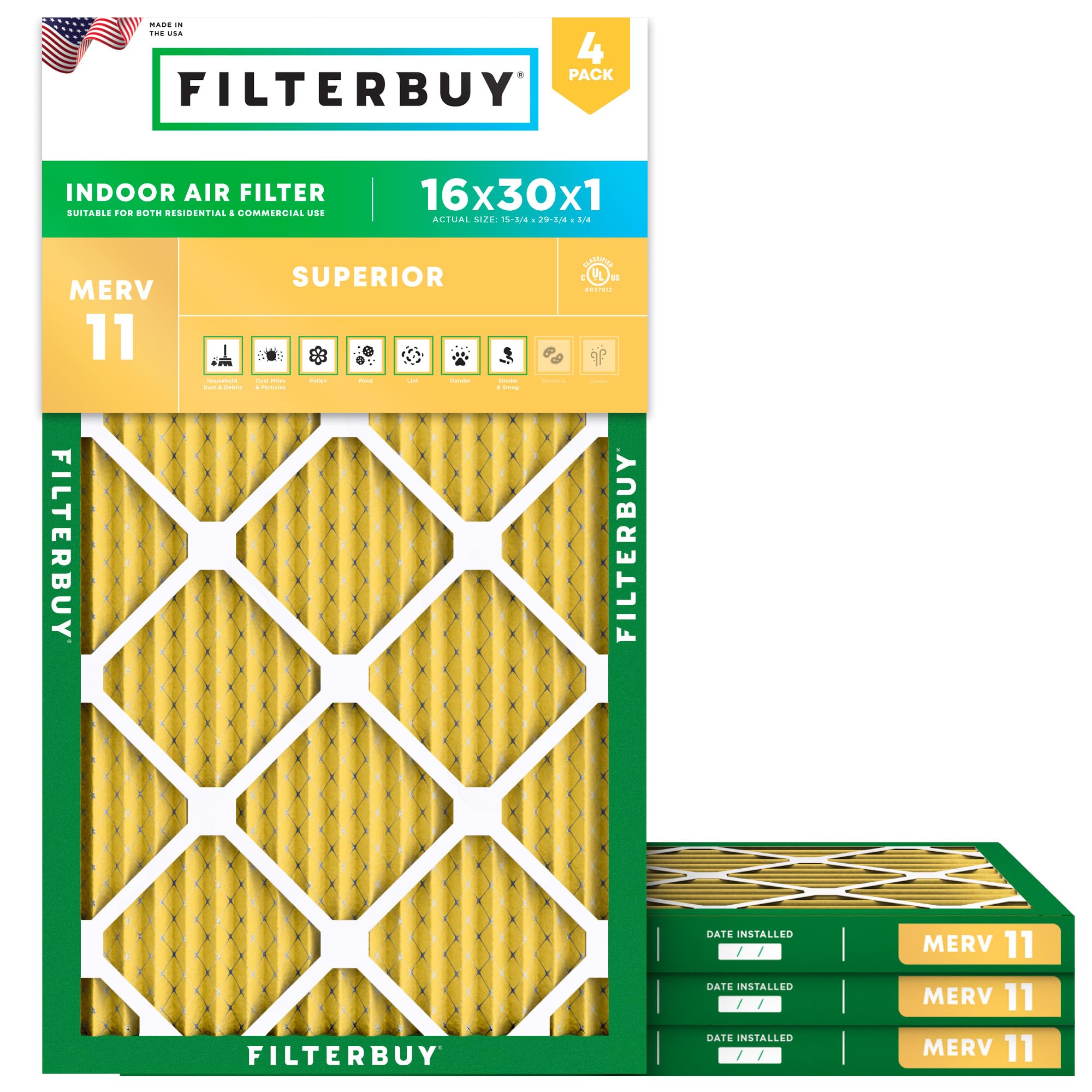 Filterbuy 16x30x1 Air Filter MERV 11 Allergen Defense (4-Pack), Pleated HVAC AC Furnace Air Filters Replacement (Actual Size: 15.75 x 29.75 x 0.75 Inches)