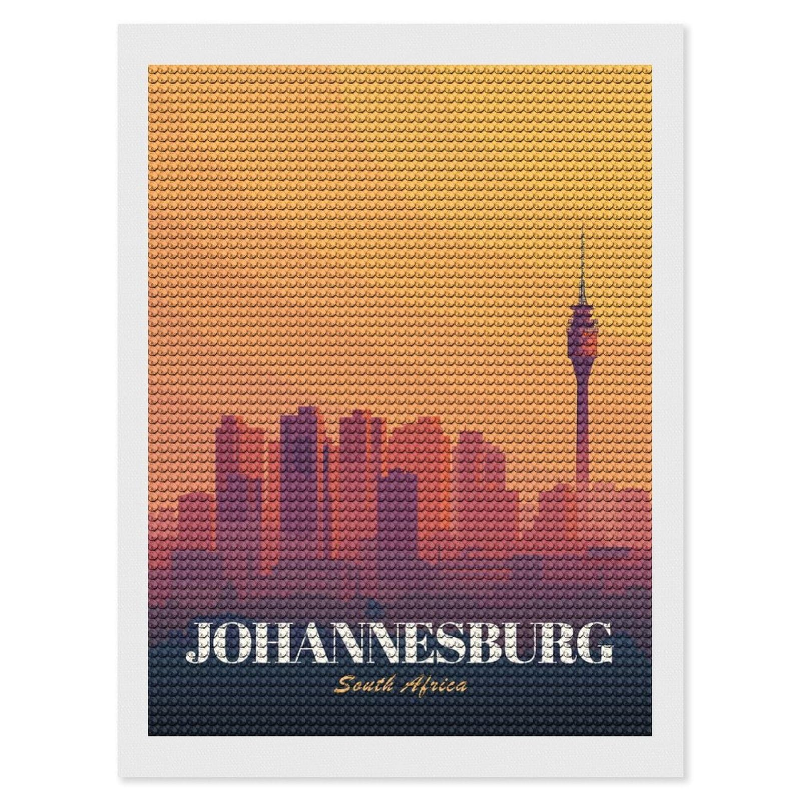 Junmoney Johannesburg South Africa Cityscape Illustration(2) Round Drill Diamond Painting 12"x16", for Women, Relaxing DIY Hobby, Bedroom Decor, Christmas Gift, Adhesive Canvas