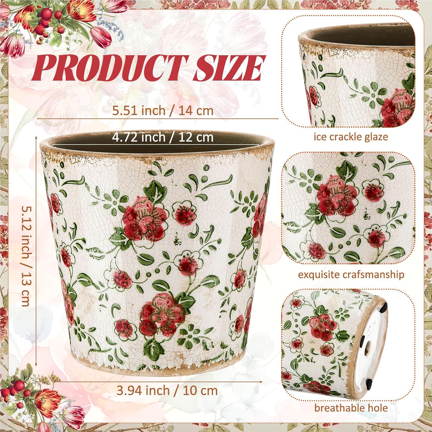 Beeveer Farmhouse Ceramic Planter 5.5 Inch Large Plants Pot Crack Beige Red Rose Flowers Plant Pots with Drainage Hole Indoor Plants Kitchen Rustic Antique Decor Gift image 4