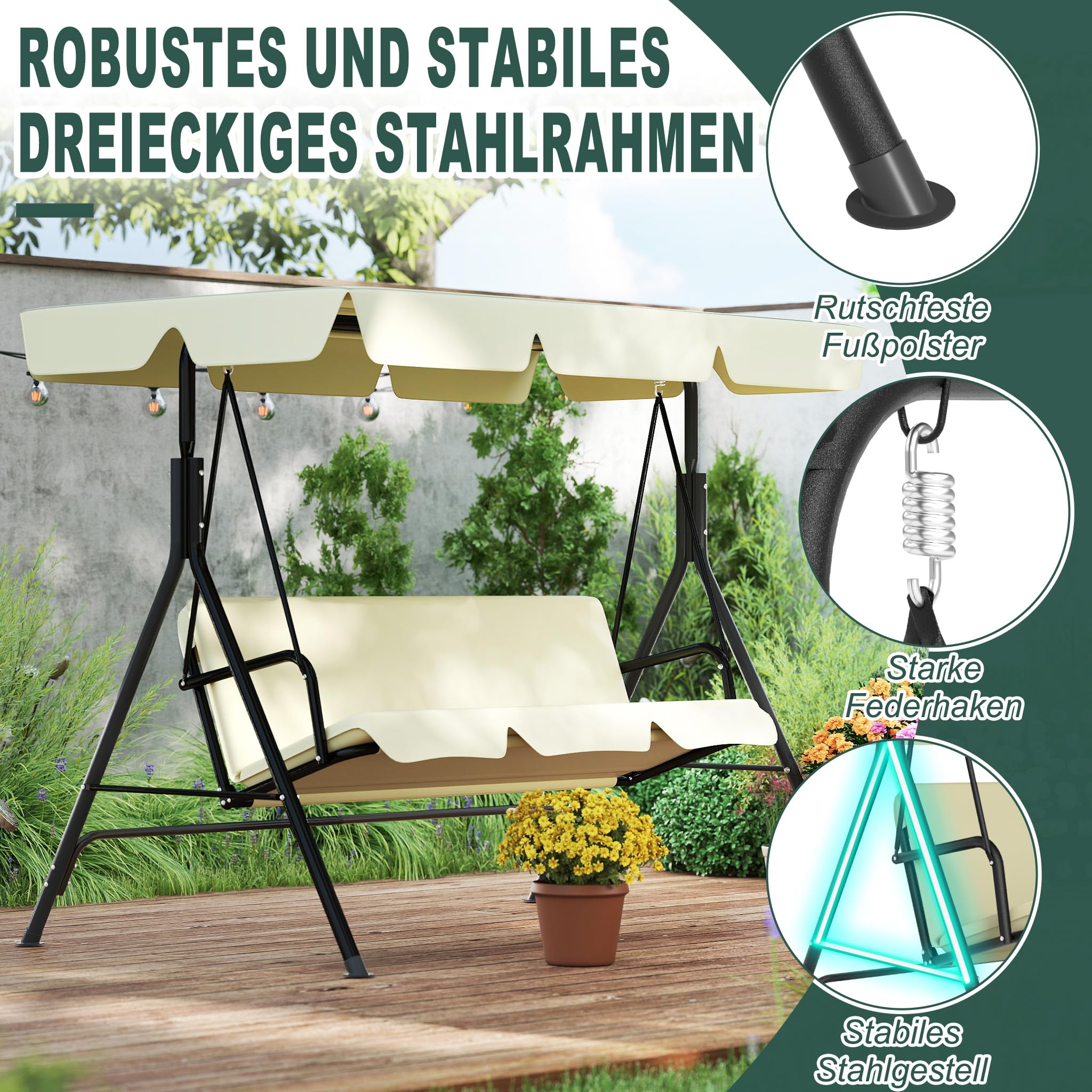 FIVMEN Balancín de jardín de 3 plazas con funda de techo ajustable, banco de jardín, columpio colgante, columpio para jardín, columpio colgante para jardín, soporta hasta 200 kg, 175,5 x 110 x 152 cm