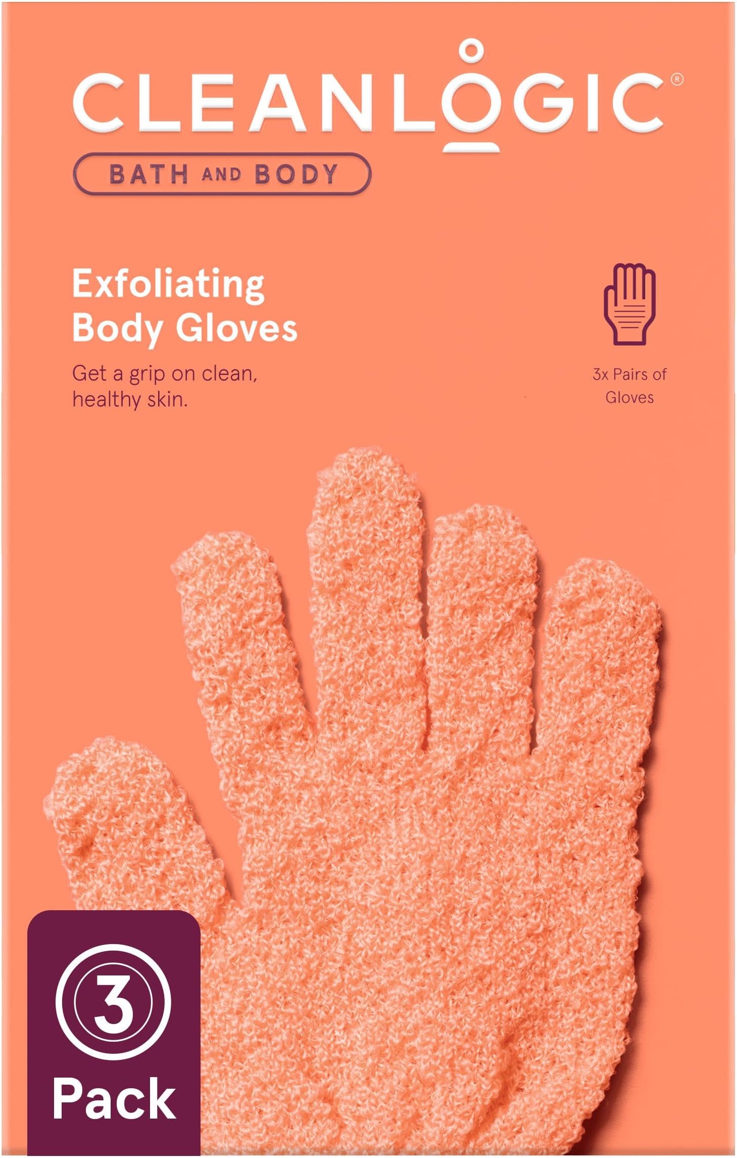 CleanlogicBath and Body Exfoliating Gloves, Reusable Body Exfoliator Gloves, Helps Remove Dry Skin to Keep Skin Smooth and Clean, Helps Boost Circulation and Lymphatic Drainage, 3 Pairs