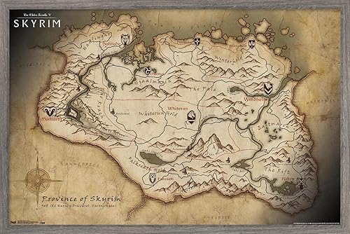 The Elder Scrolls V: Skyrim - Póster de pared de mapa, 34 pulgadas de largo x 22.4 pulgadas de ancho, versión enmarcada de madera de granero Versión