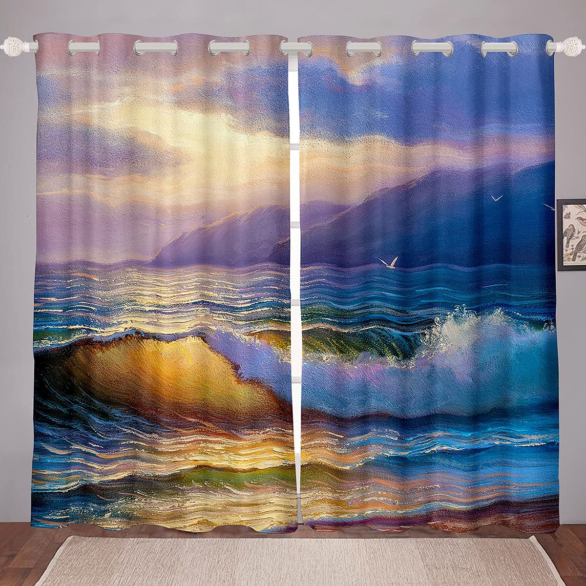 richhome Ocean Design - Tende da finestra per giovani, con motivo a onde di mare, per bambini, ragazze, adulti, 166 x 172 cm