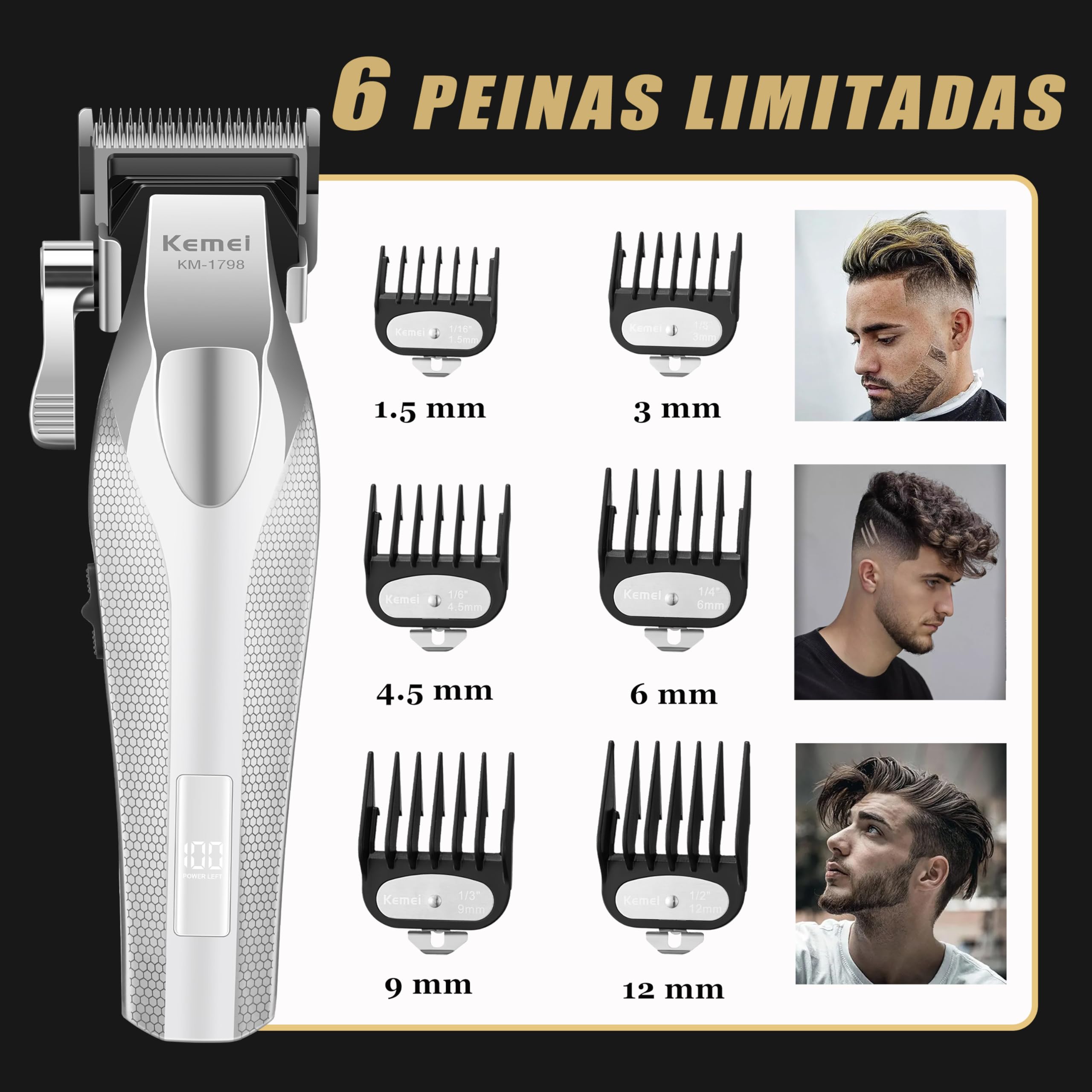 KEMEI Cortapelos profesional 1798 para hombre, cortapelos inalámbrico de 9100 RPM con cuerpo totalmente metálico, batería de 3000 mAh con pantalla LED, cuchillas de cerámica y DLC.