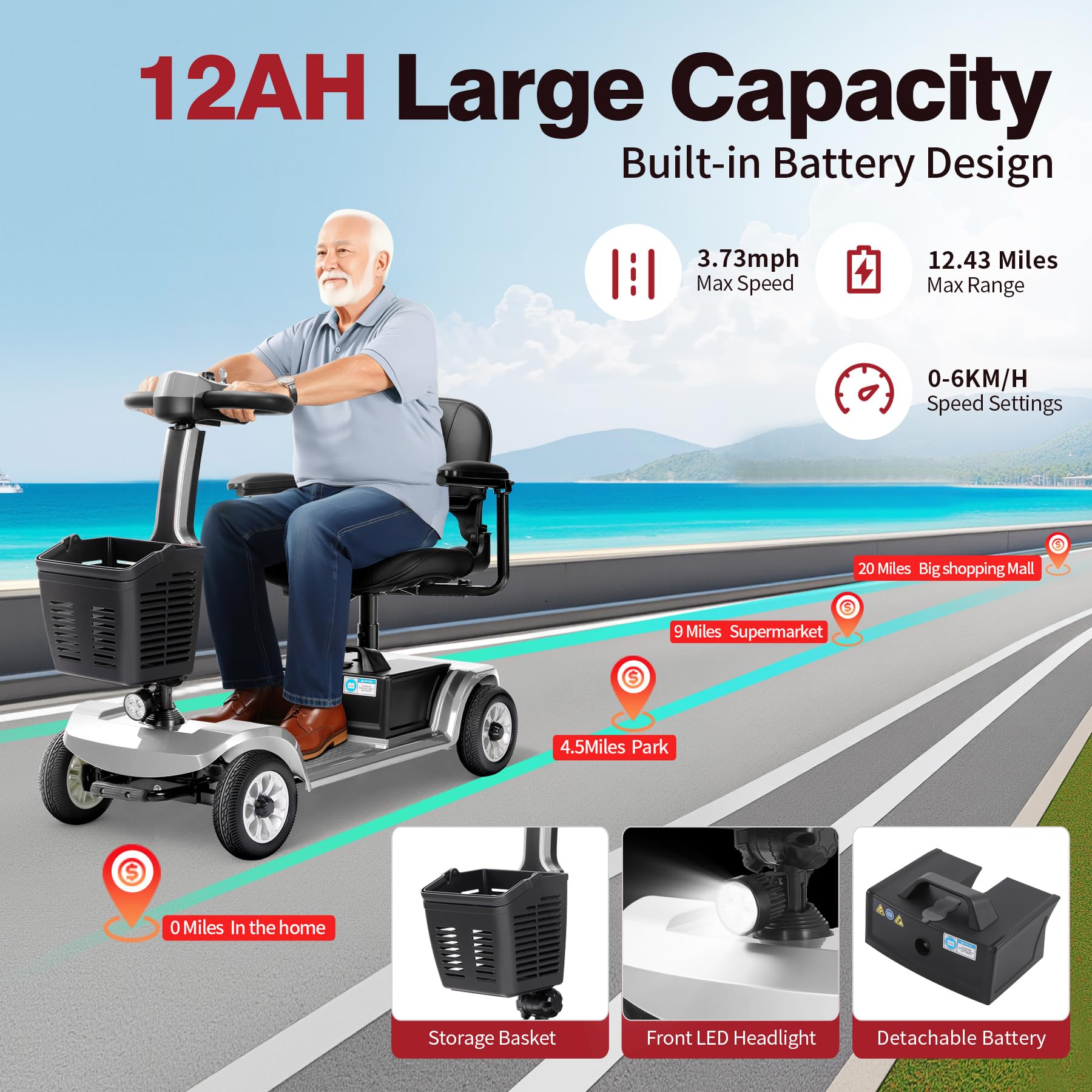 Scooters Eléctricos de Movilidad Vehículo de Movilidad Personal, Ancianos, Batería Extendida de Largo Alcance con Cargador y Cesta (Plateado)